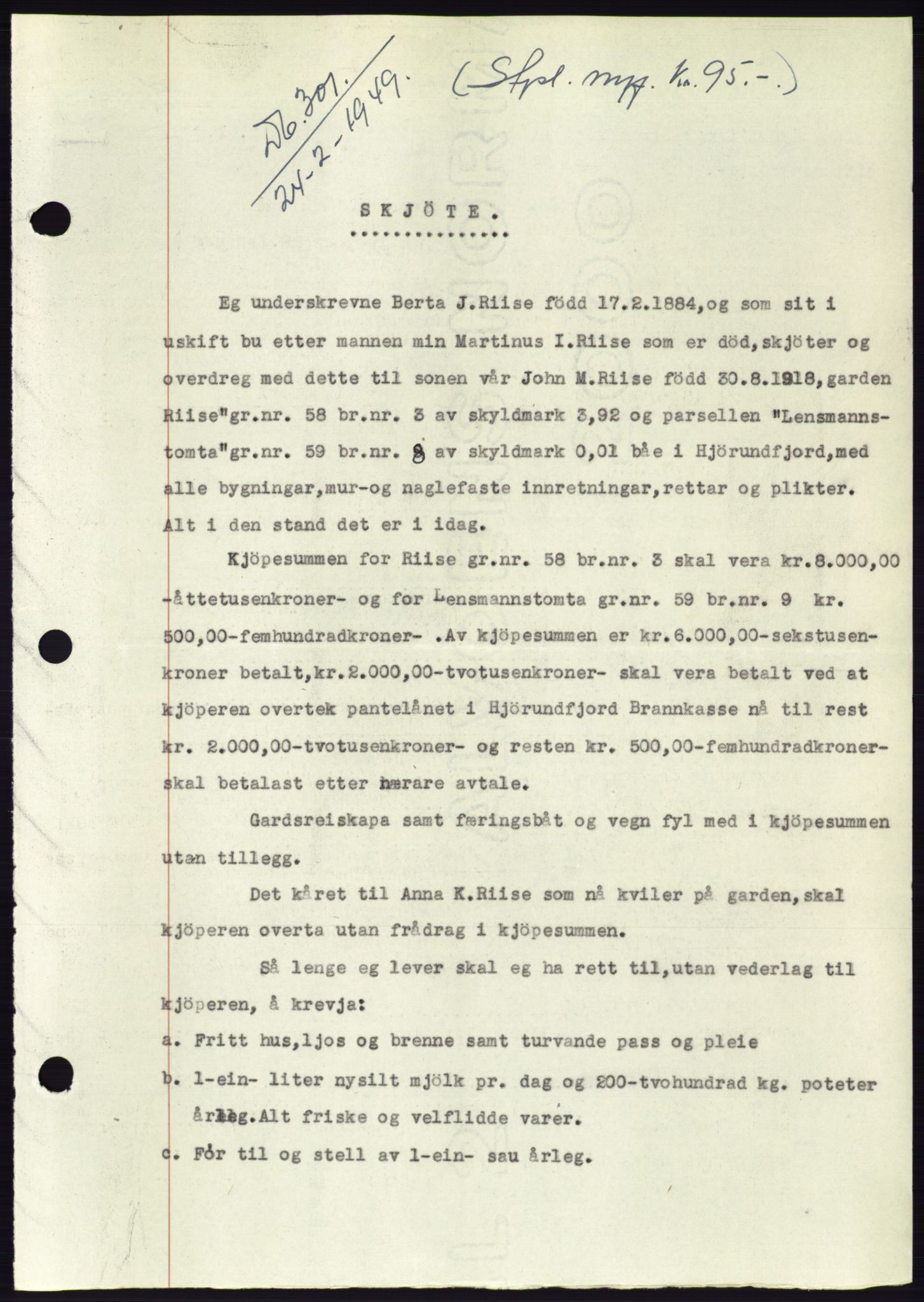 Søre Sunnmøre sorenskriveri, SAT/A-4122/1/2/2C/L0084: Pantebok nr. 10A, 1949-1949, Dagboknr: 301/1949