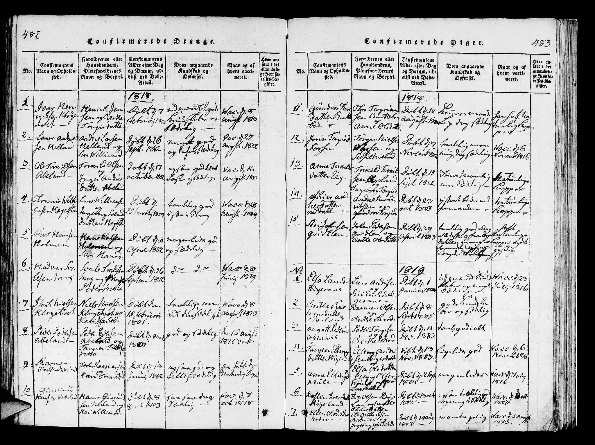 Helleland sokneprestkontor, SAST/A-101810: Ministerialbok nr. A 5, 1815-1834, s. 482-483