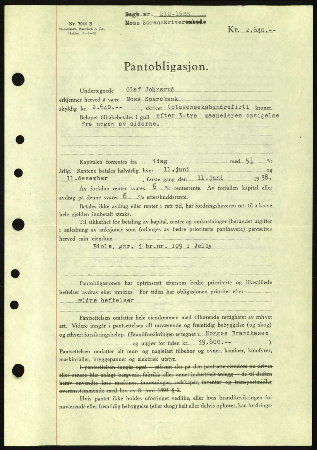 Moss sorenskriveri, SAO/A-10168: Pantebok nr. B4, 1937-1938, Dagboknr: 212/1938