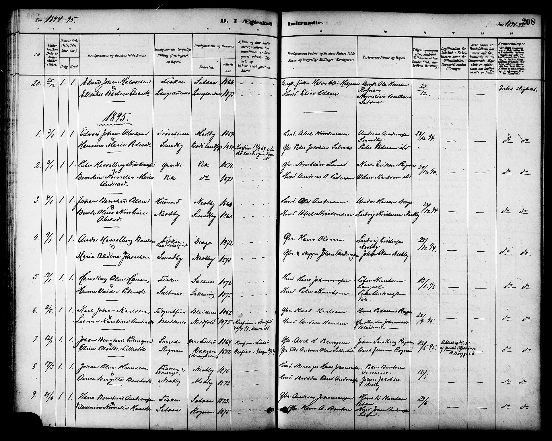 Ministerialprotokoller, klokkerbøker og fødselsregistre - Nordland, SAT/A-1459/847/L0669: Ministerialbok nr. 847A09, 1887-1901, s. 208