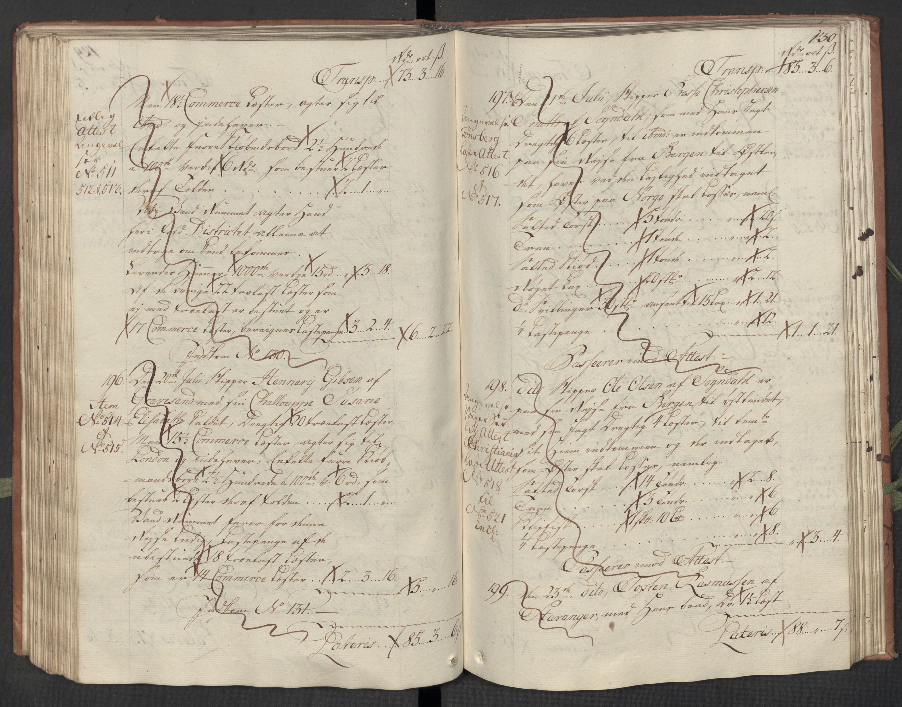 Generaltollkammeret, tollregnskaper, AV/RA-EA-5490/R22/L0018/0001: Tollregnskaper Stavanger / Hovedtollbok, 1756, s. 129b-130a