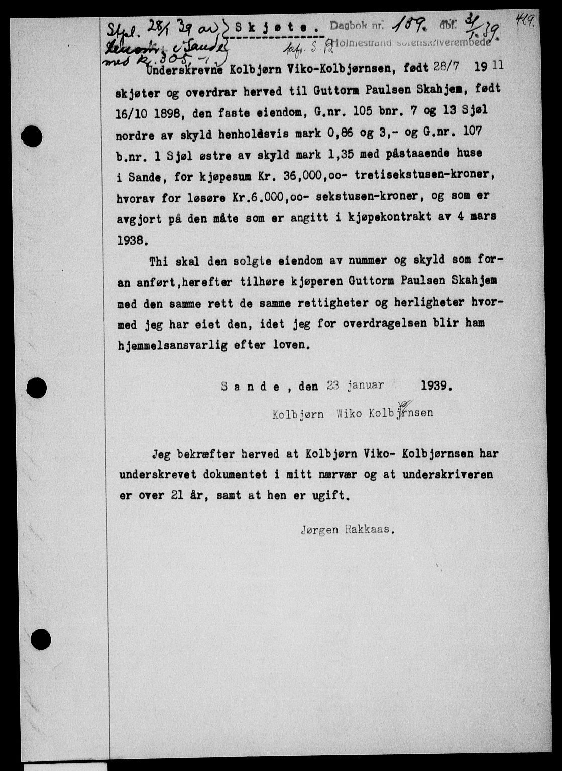 Holmestrand sorenskriveri, SAKO/A-67/G/Ga/Gaa/L0050: Pantebok nr. A-50, 1938-1939, Dagboknr: 159/1939