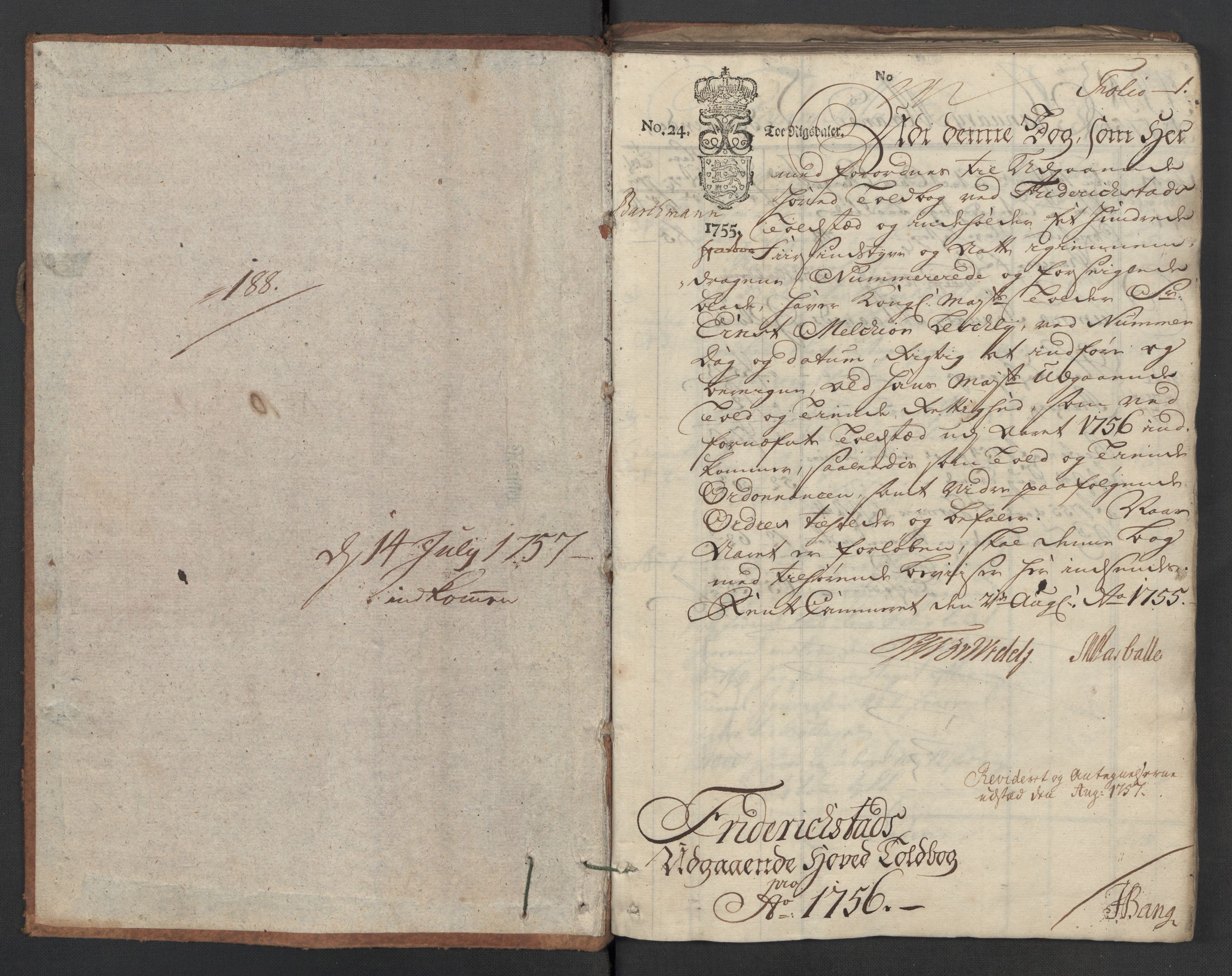 Generaltollkammeret, tollregnskaper, AV/RA-EA-5490/R02/L0023/0001: Tollregnskaper Fredrikstad / Utgående hovedtollbok, 1756, s. 1