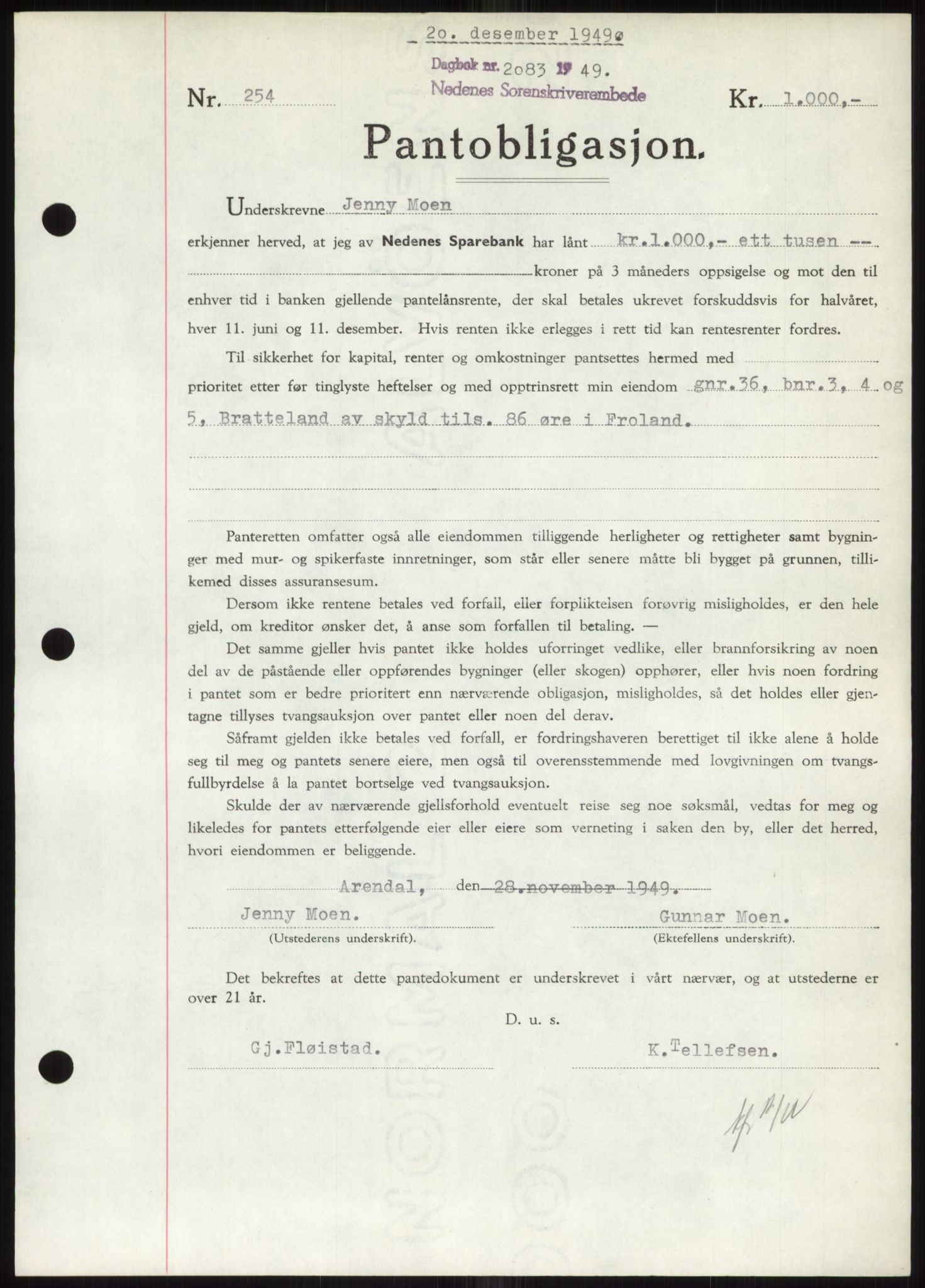 Nedenes sorenskriveri, SAK/1221-0006/G/Gb/Gbb/L0007: Pantebok nr. B7, 1949-1950, Dagboknr: 2083/1949