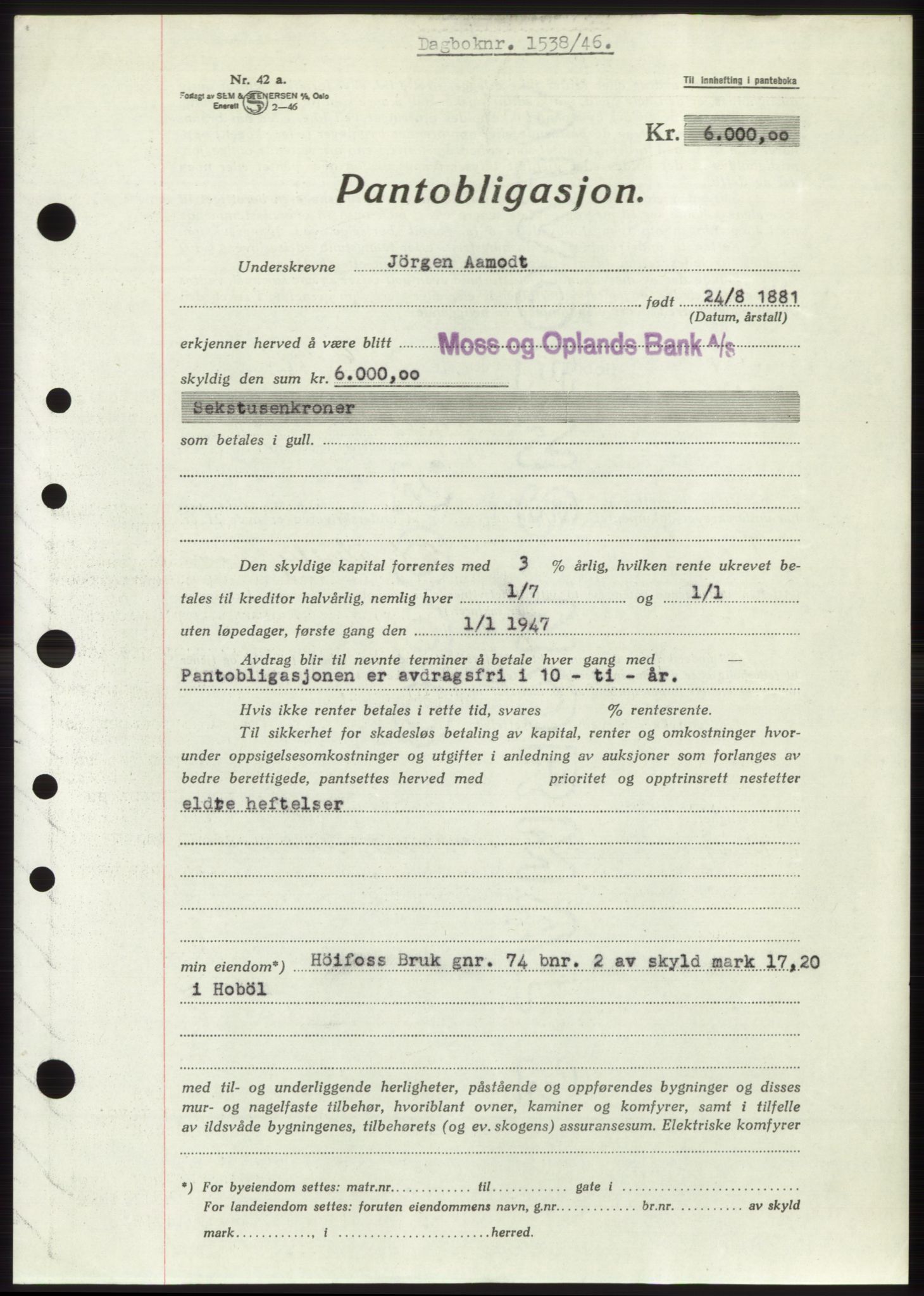 Moss sorenskriveri, SAO/A-10168: Pantebok nr. B15, 1946-1946, Dagboknr: 1538/1946