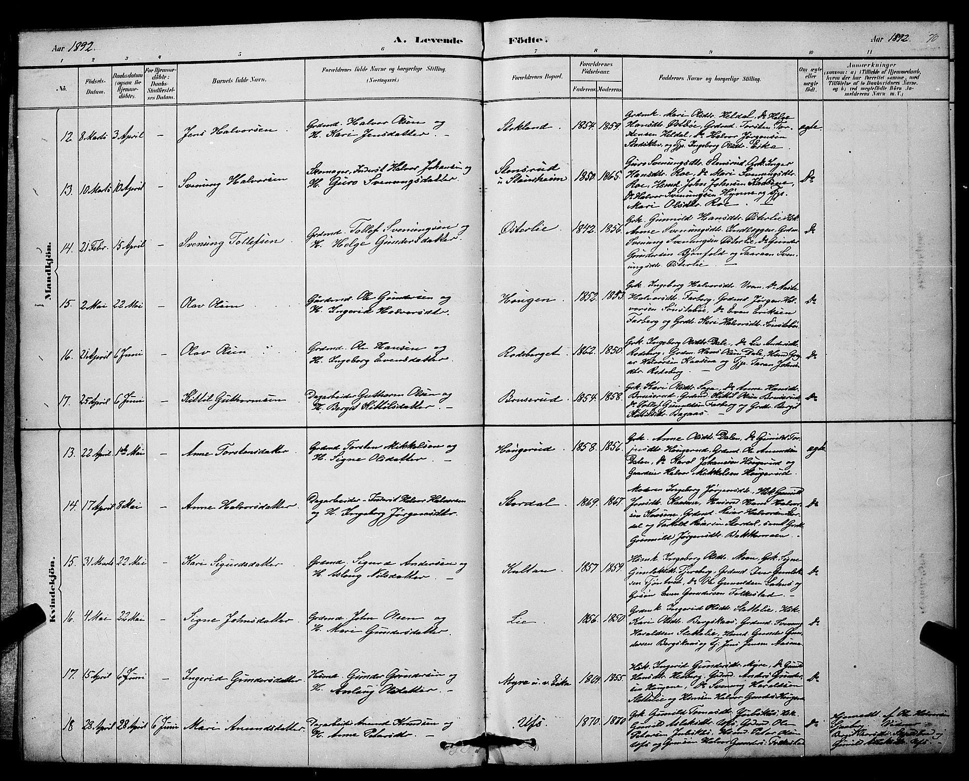 Bø kirkebøker, AV/SAKO-A-257/G/Ga/L0005: Klokkerbok nr. 5, 1883-1897, s. 70