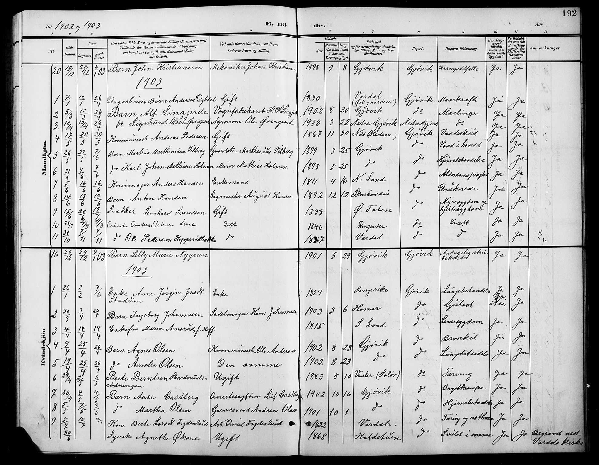 Vardal prestekontor, AV/SAH-PREST-100/H/Ha/Hab/L0012: Klokkerbok nr. 12, 1902-1911, s. 192
