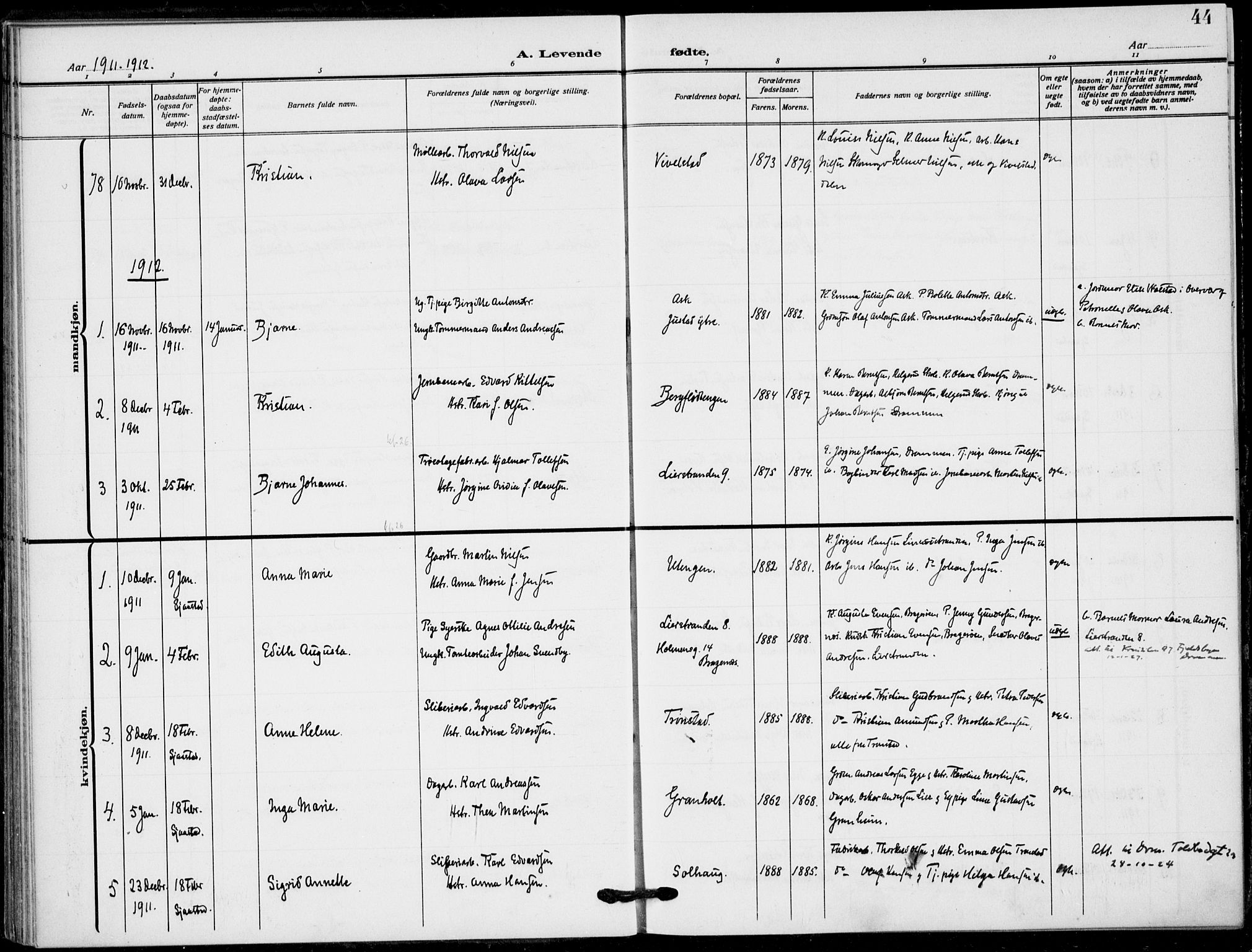 Lier kirkebøker, AV/SAKO-A-230/F/Fa/L0018: Ministerialbok nr. I 18, 1909-1917, s. 44