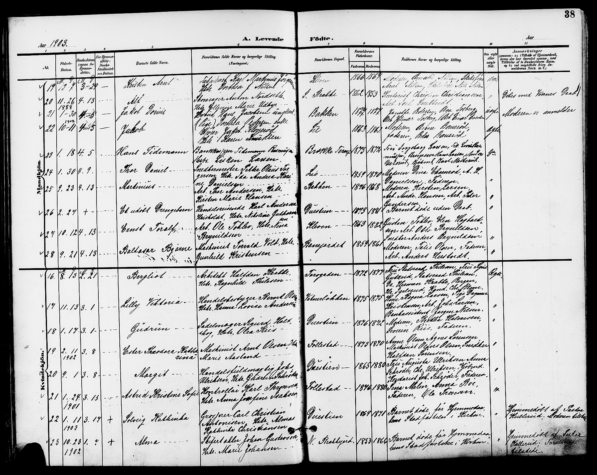 Skien kirkebøker, AV/SAKO-A-302/G/Ga/L0008: Klokkerbok nr. 8, 1900-1910, s. 38
