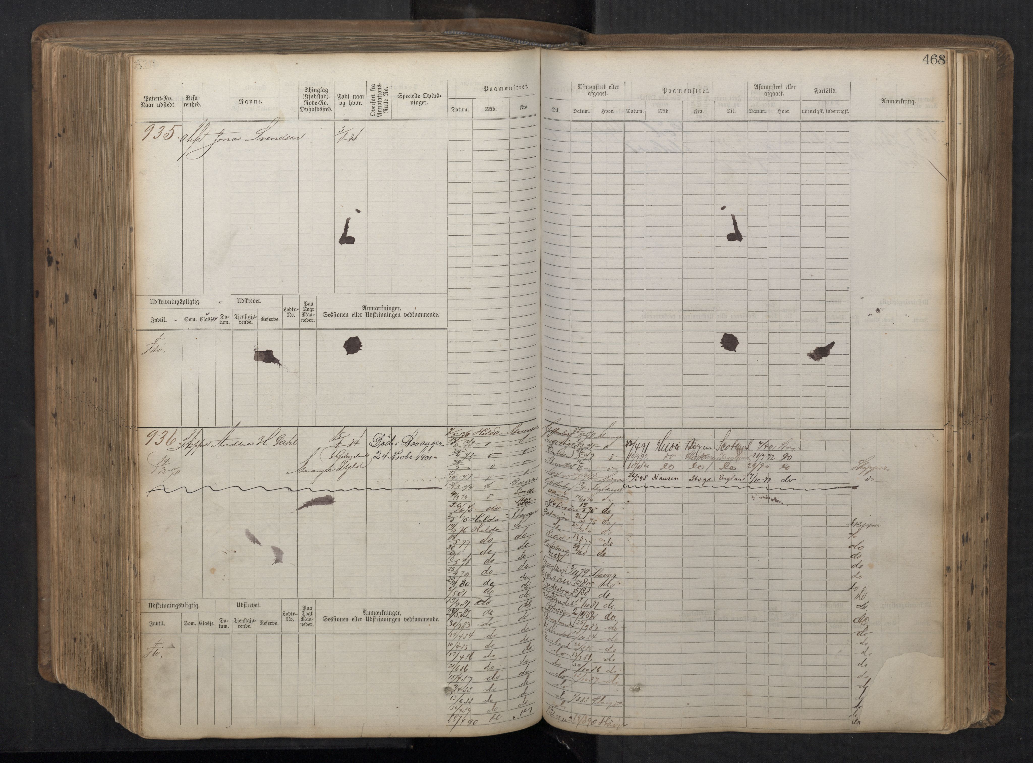 Stavanger sjømannskontor, AV/SAST-A-102006/F/Fb/Fbb/L0016: Sjøfartshovedrulle patnentnr. 1-1202 (dublett), 1869, s. 468