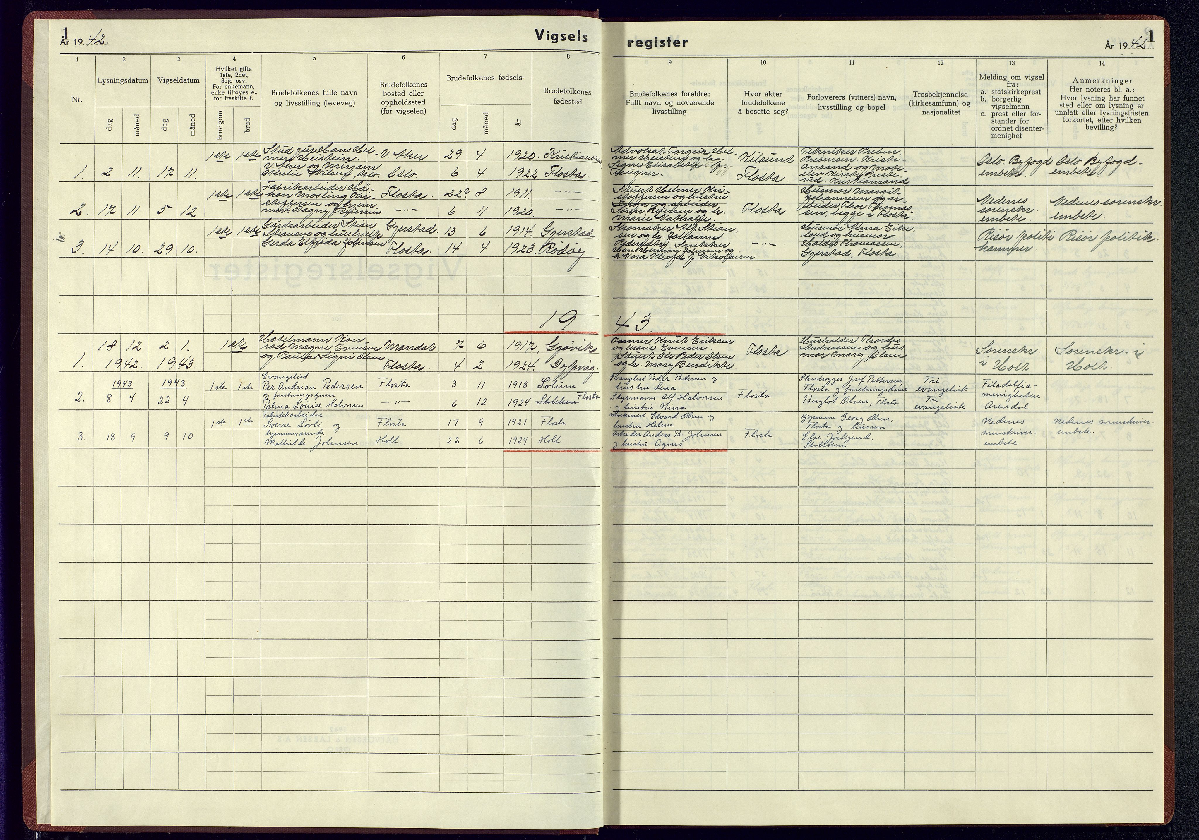 Austre Moland sokneprestkontor, SAK/1111-0001/J/Jb/L0008: Vigselsregister nr. A-VI-31, 1942-1944, s. 1