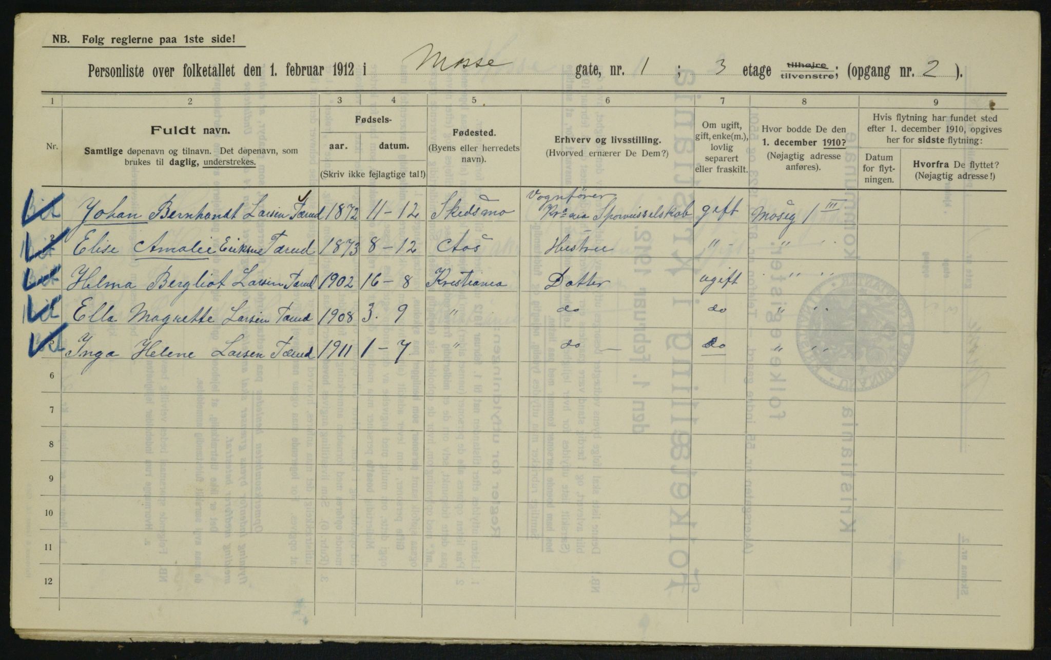 OBA, Kommunal folketelling 1.2.1912 for Kristiania, 1912, s. 66164