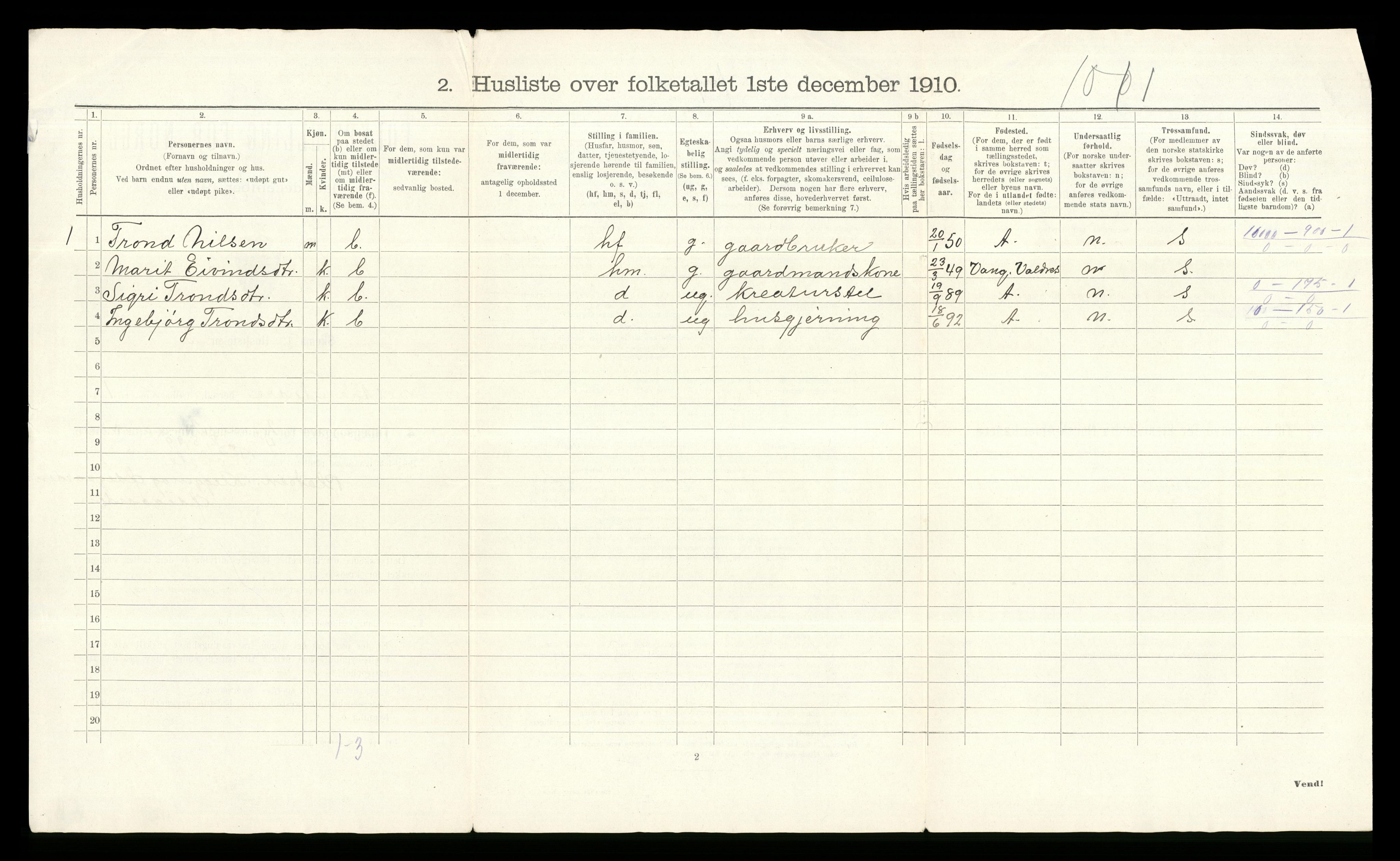 RA, Folketelling 1910 for 0543 Vestre Slidre herred, 1910, s. 50