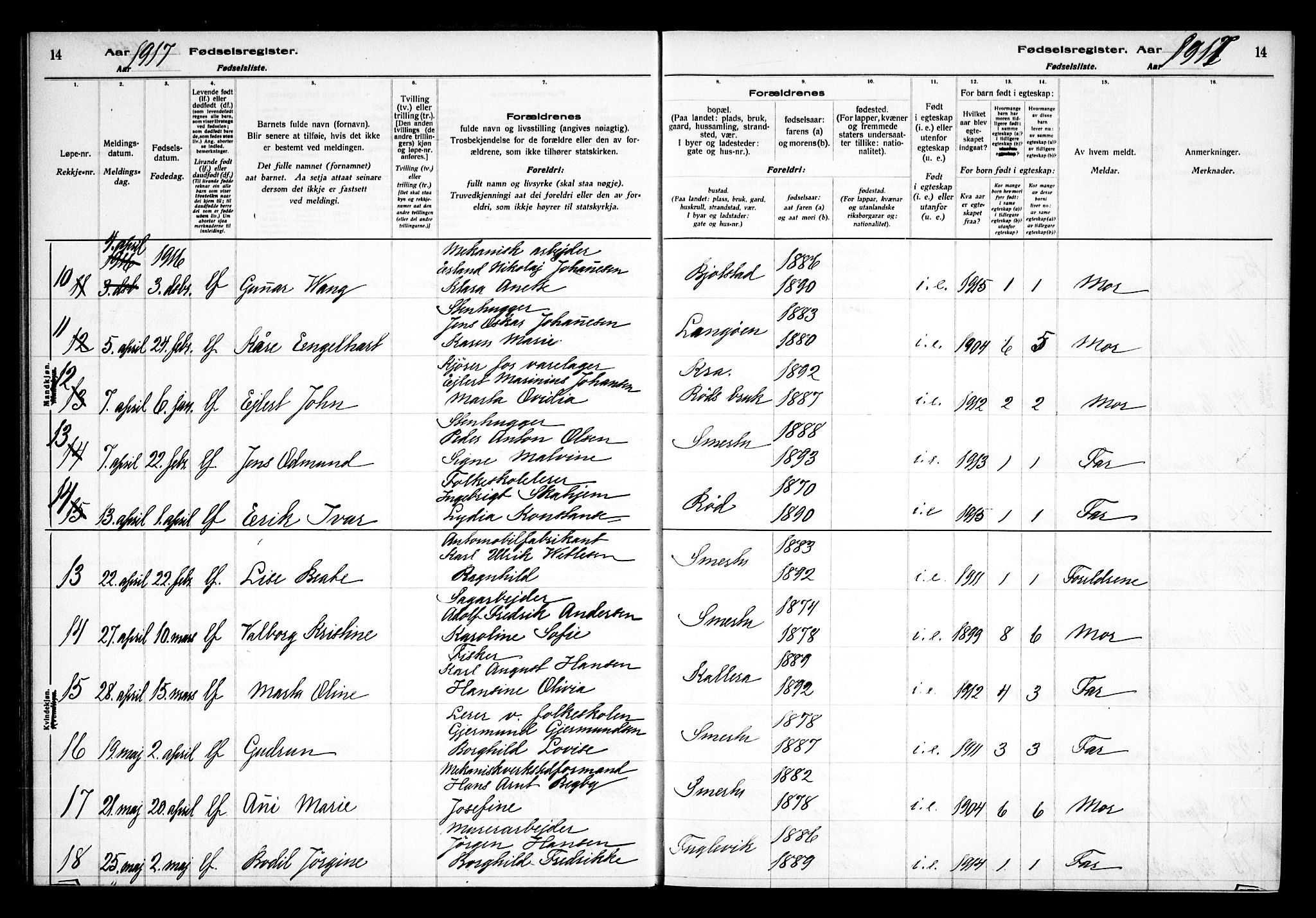 Kråkerøy prestekontor Kirkebøker, AV/SAO-A-10912/J/Ja/L0001: Fødselsregister nr. 1, 1916-1938, s. 14