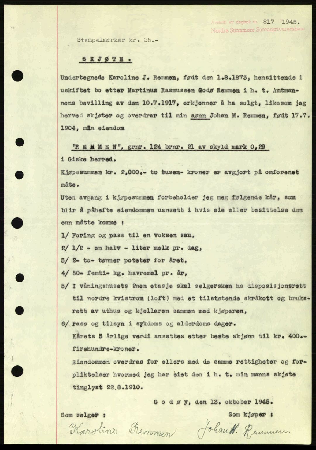 Nordre Sunnmøre sorenskriveri, SAT/A-0006/1/2/2C/2Ca: Pantebok nr. A20a, 1945-1945, Dagboknr: 817/1945