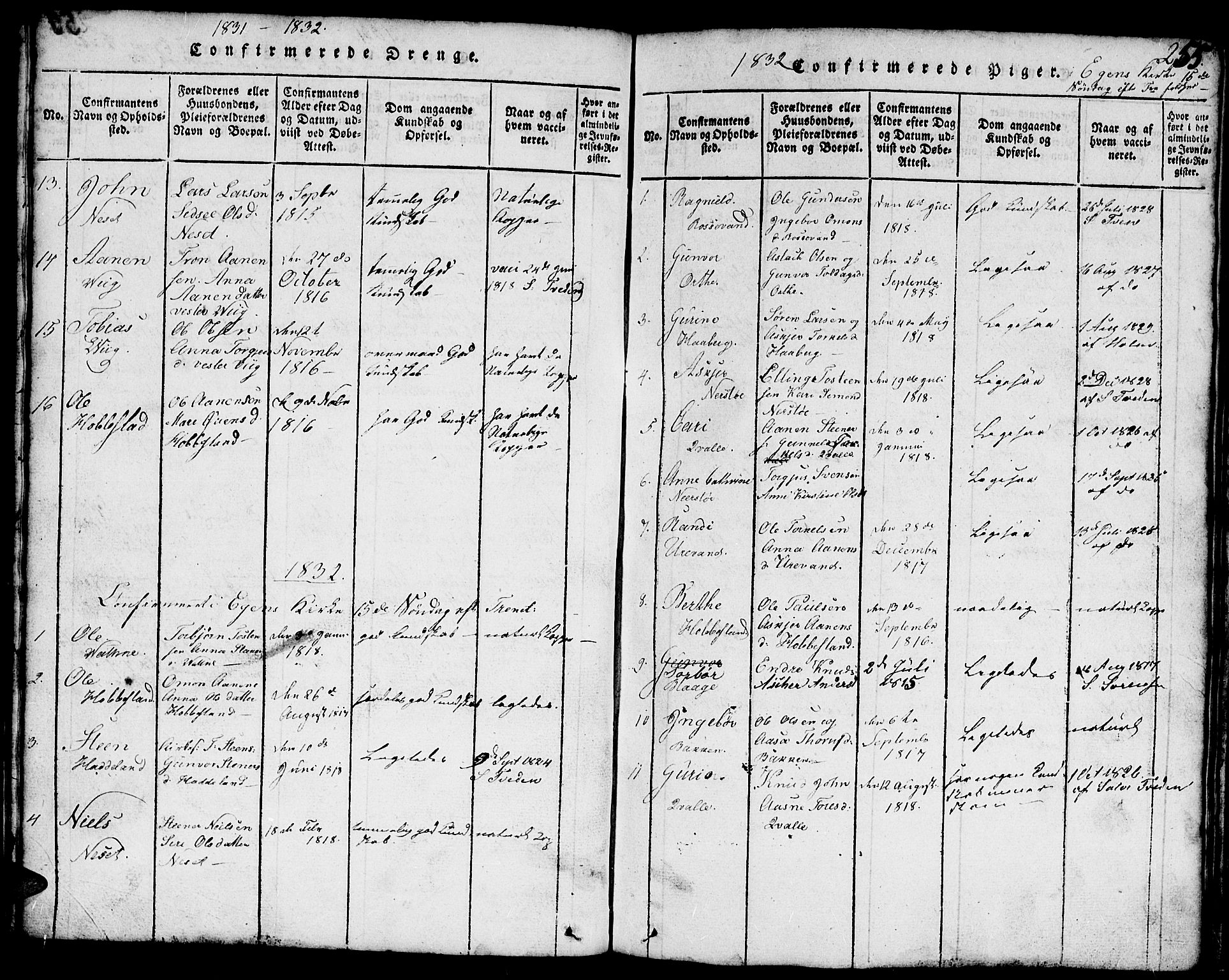 Hægebostad sokneprestkontor, SAK/1111-0024/F/Fb/Fbb/L0001: Klokkerbok nr. B 1, 1816-1850, s. 255