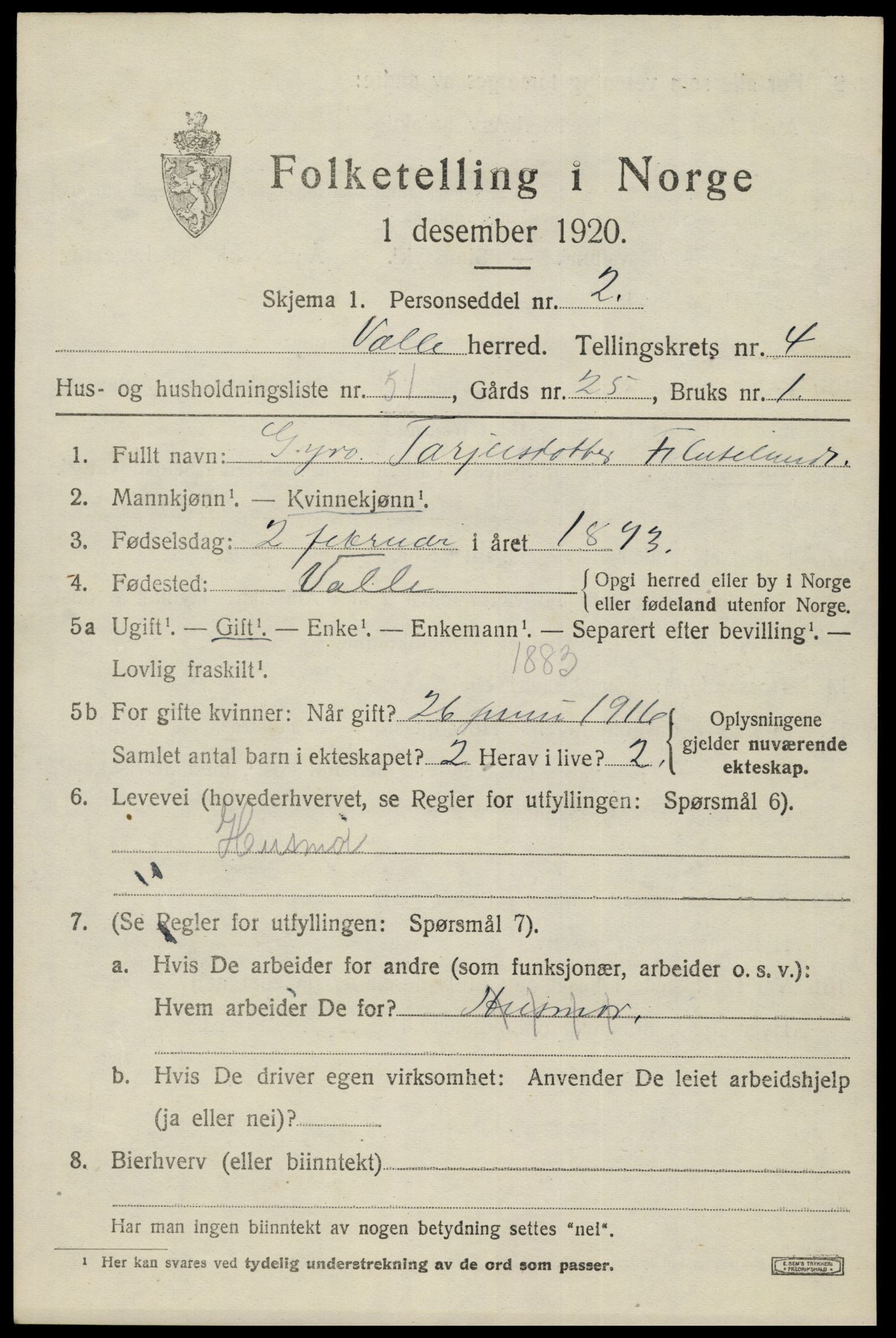 SAK, Folketelling 1920 for 0940 Valle herred, 1920, s. 2535