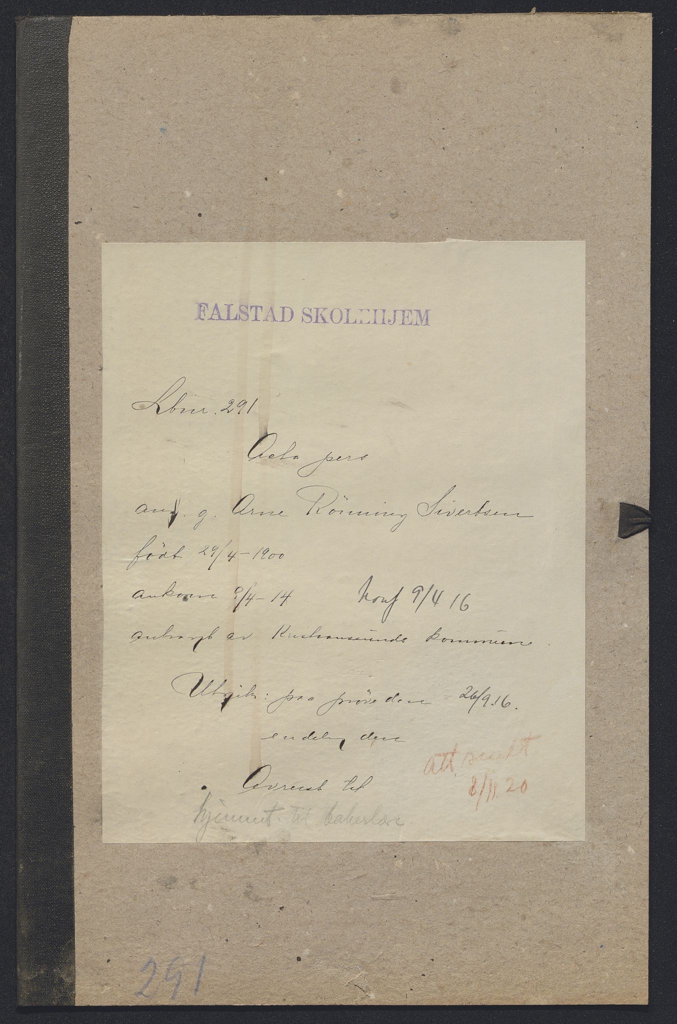 Falstad skolehjem, RA/S-1676/E/Eb/L0013: Elevmapper løpenr.. 286-307, 1914-1922, s. 126