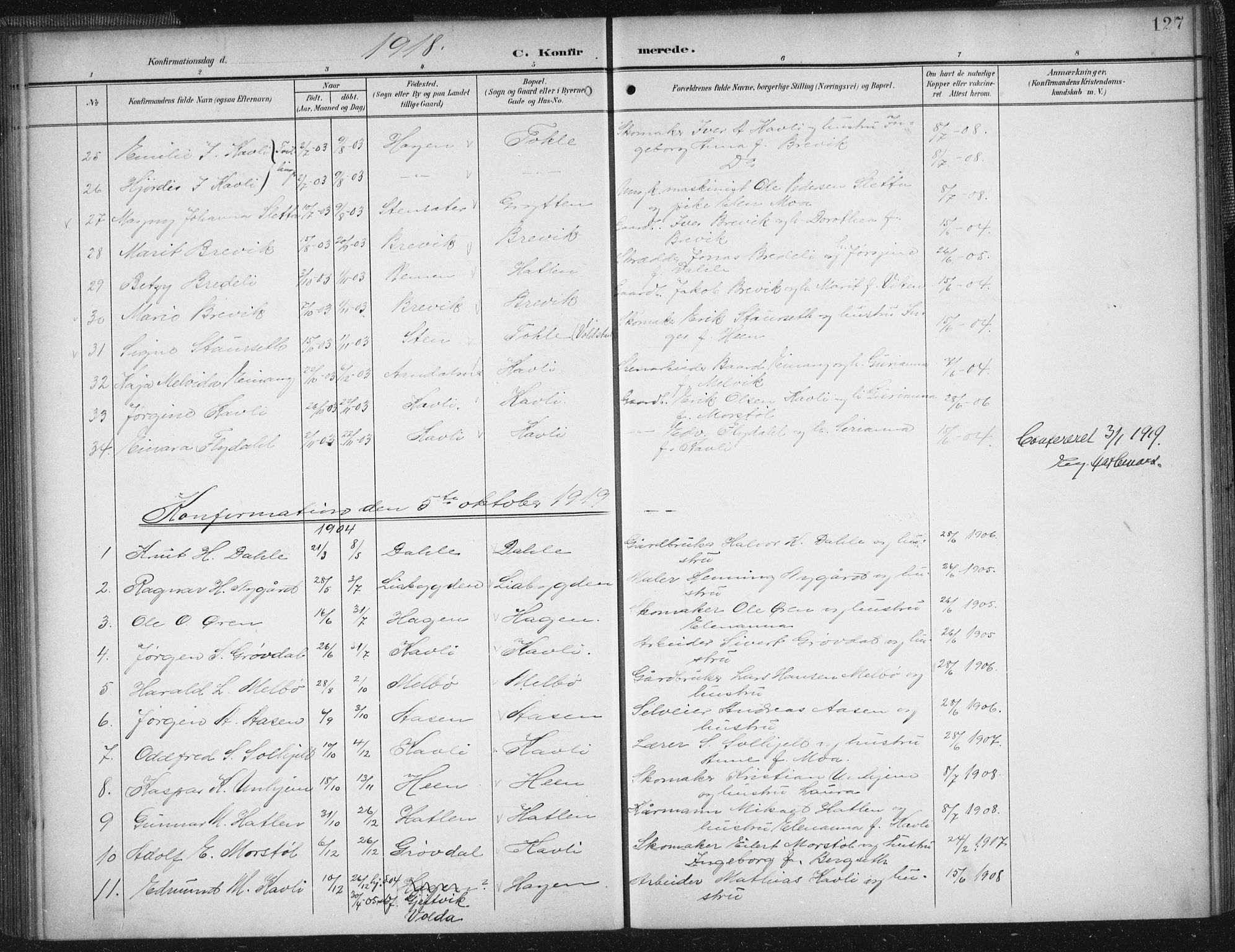 Ministerialprotokoller, klokkerbøker og fødselsregistre - Møre og Romsdal, AV/SAT-A-1454/545/L0589: Klokkerbok nr. 545C03, 1902-1937, s. 127