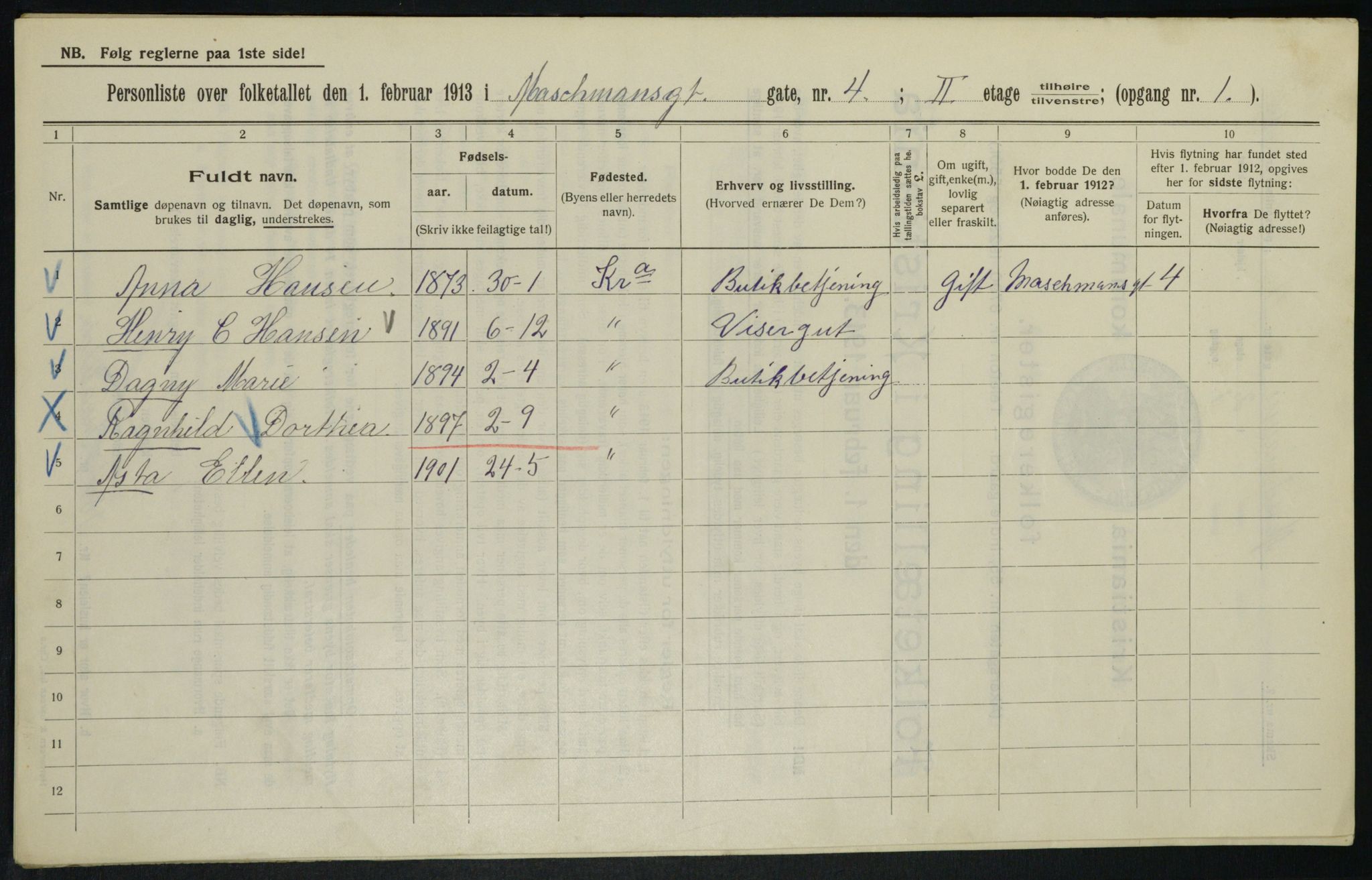 OBA, Kommunal folketelling 1.2.1913 for Kristiania, 1913, s. 64593