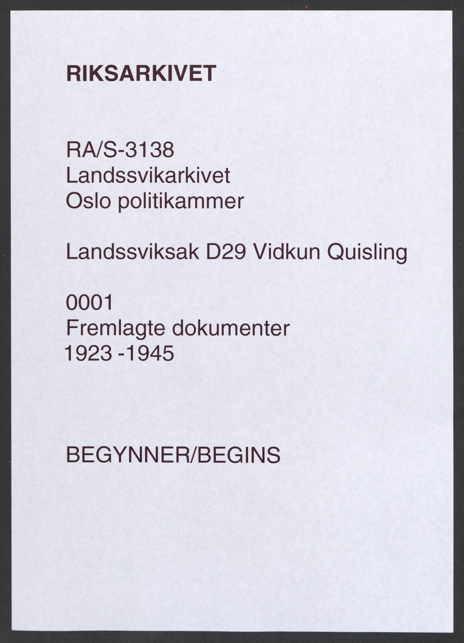 Landssvikarkivet, Oslo politikammer, AV/RA-S-3138-01/D/Da/L0003: Dnr. 29, 1945, s. 1