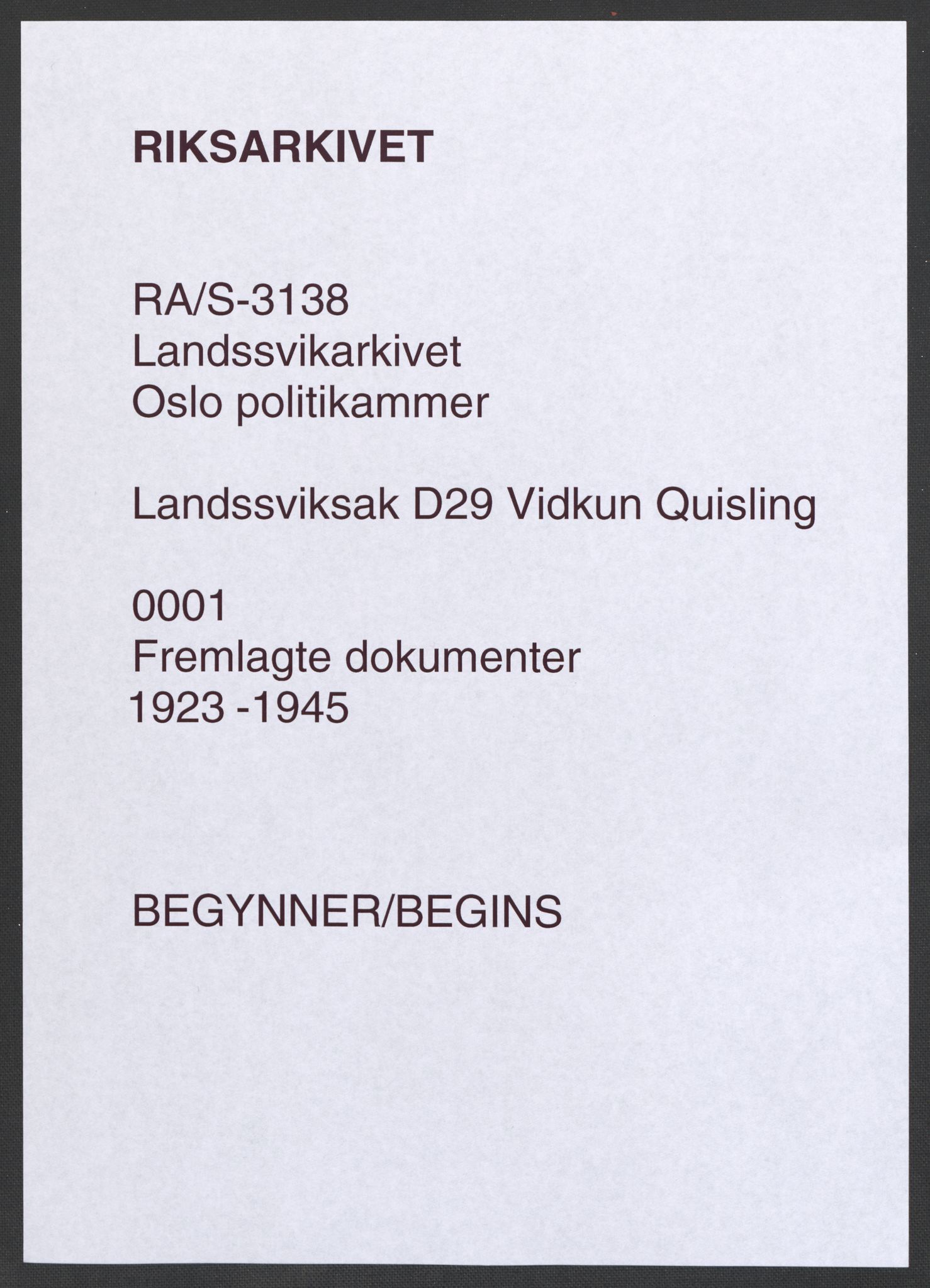 Landssvikarkivet, Oslo politikammer, RA/S-3138-01/D/Da/L0003: Dnr. 29, 1945, s. 1