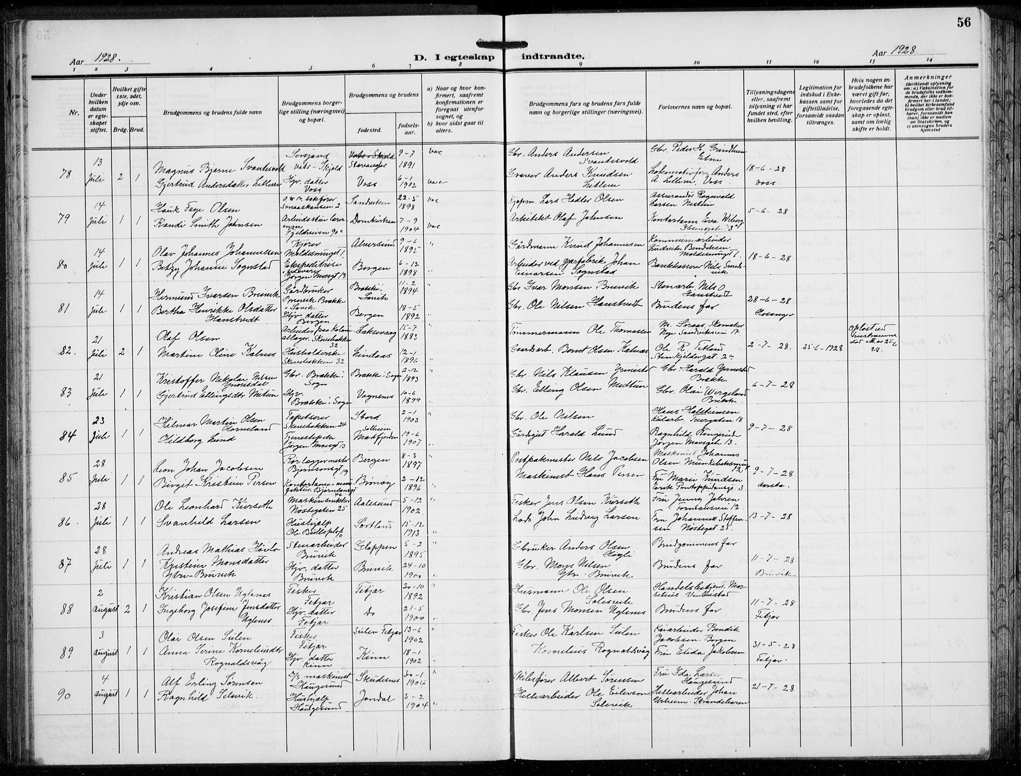 Domkirken sokneprestembete, AV/SAB-A-74801/H/Hab/L0034: Klokkerbok nr. D 6, 1924-1941, s. 56