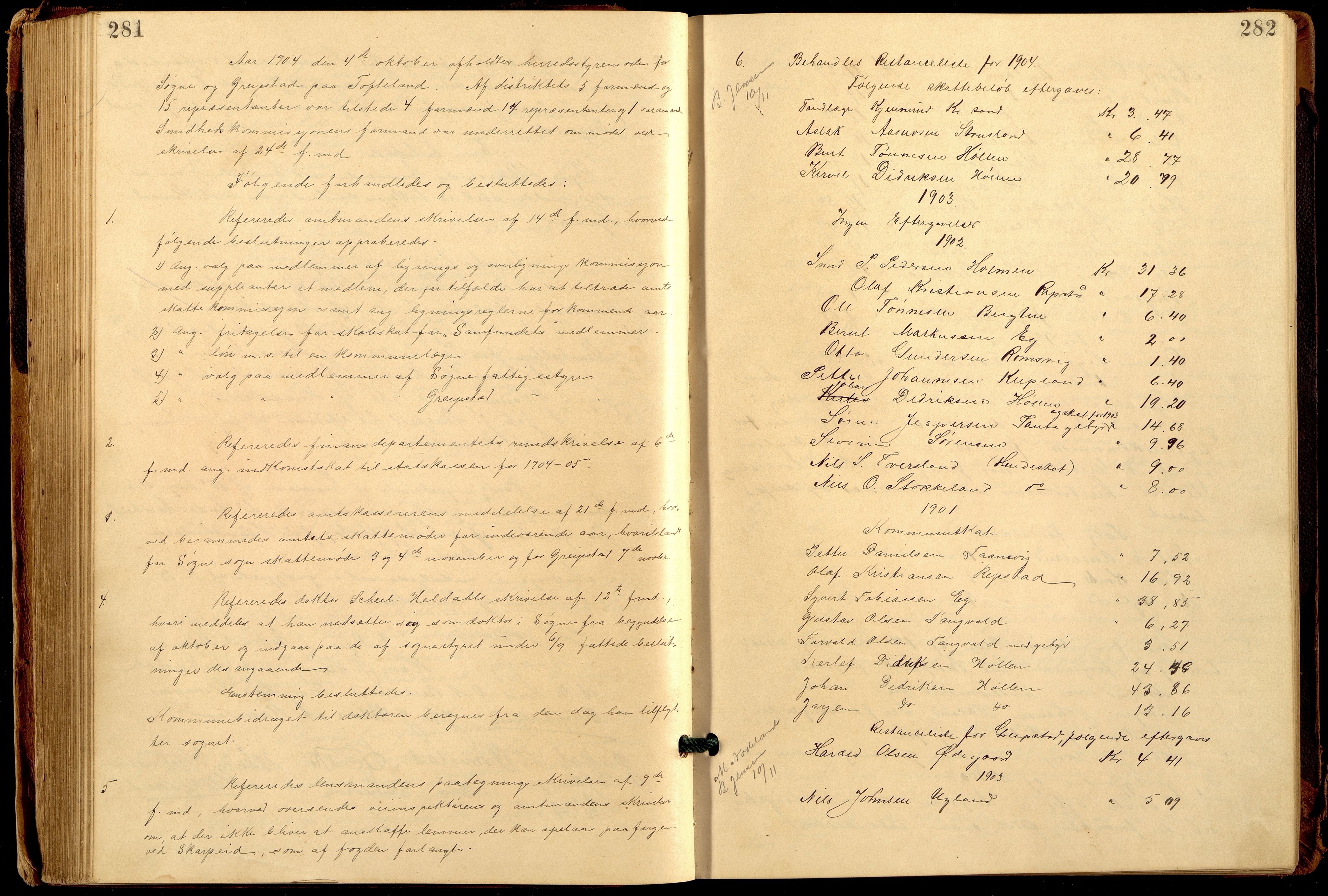 Søgne og Greipstad kommune - Formannskapet, ARKSOR/1018SG120/A/L0006: Møtebok (d), 1901-1909, s. 281-282