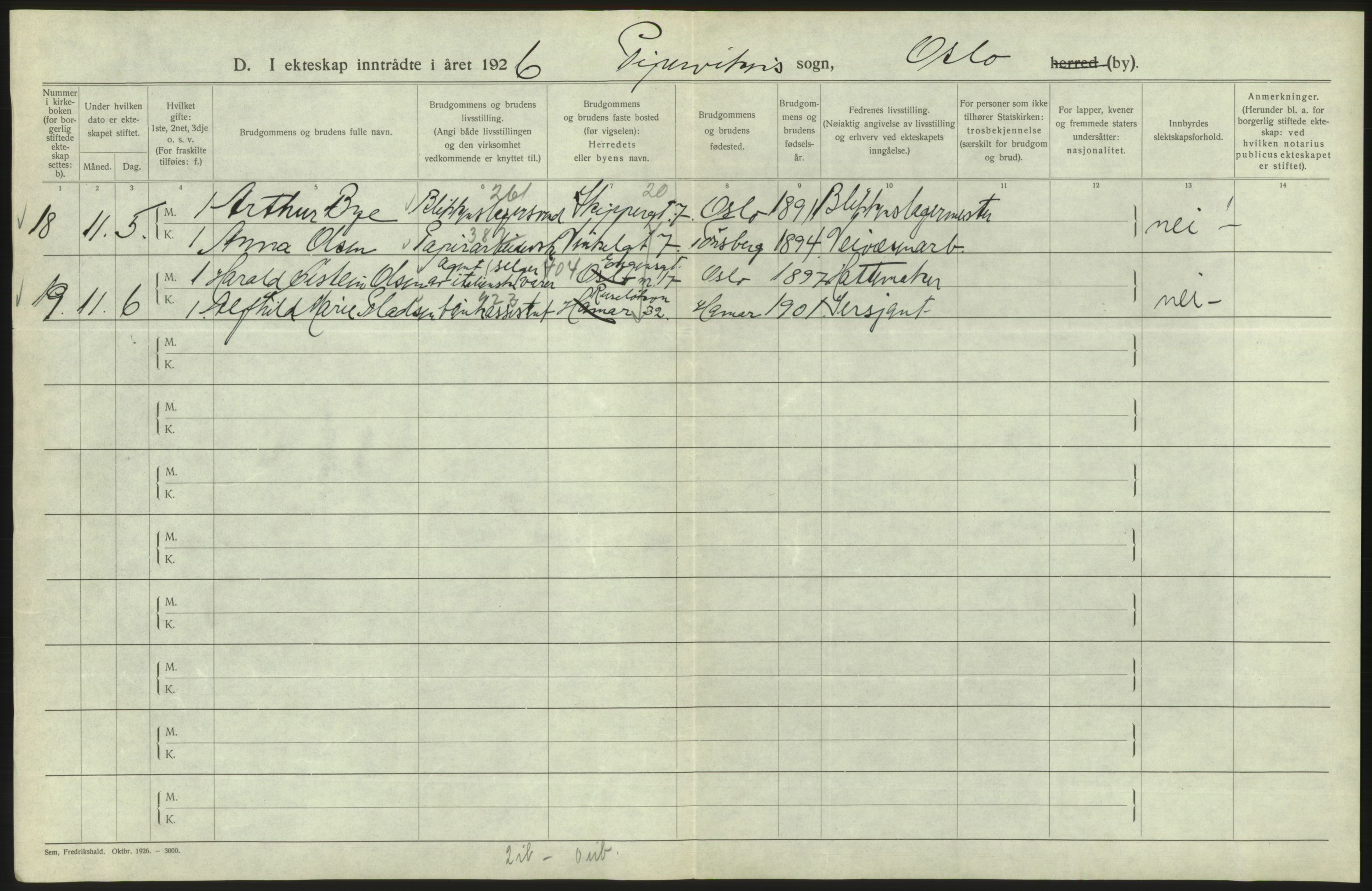 Statistisk sentralbyrå, Sosiodemografiske emner, Befolkning, AV/RA-S-2228/D/Df/Dfc/Dfcf/L0008: Oslo: Gifte, 1926, s. 766