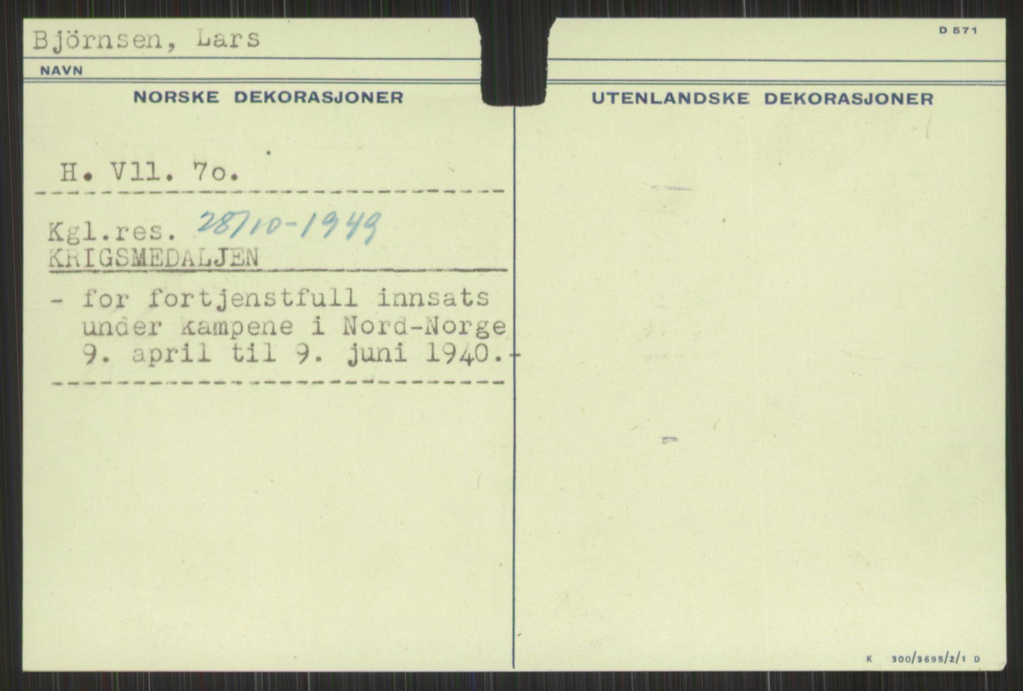 Forsvaret, Krigsdekorasjonskanselliet, RA/RAFA-5156/G/Gb/Gba/Gbaa/L0001: A - R, 1944-1956