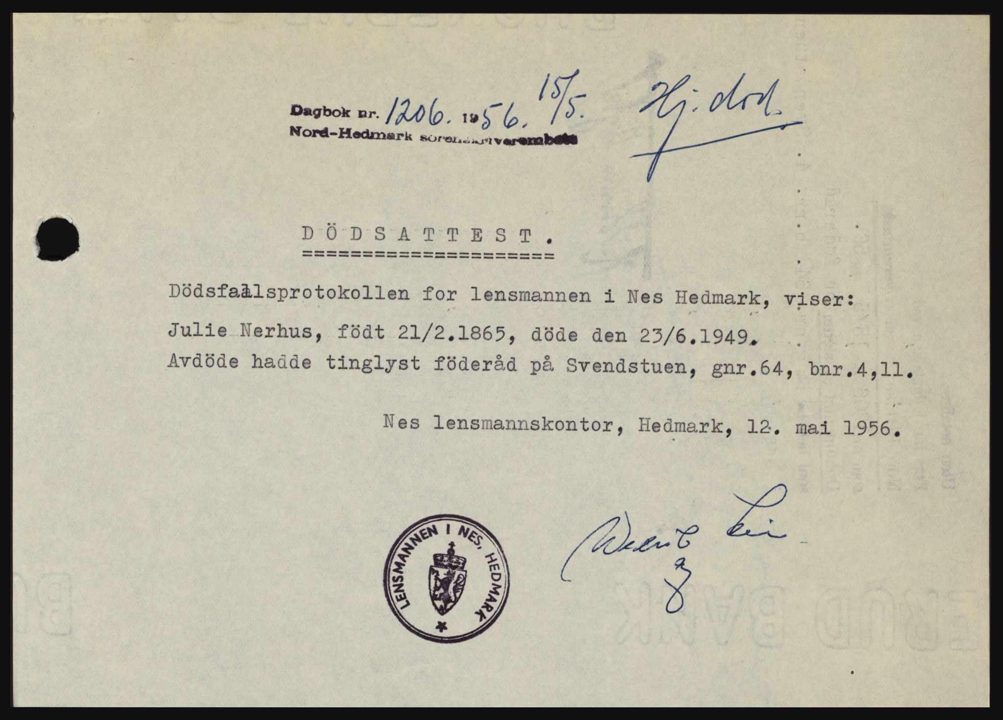 Nord-Hedmark sorenskriveri, SAH/TING-012/H/Hc/L0010: Pantebok nr. 10, 1955-1956, Dagboknr: 1206/1956