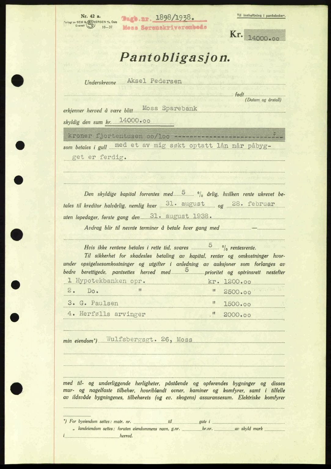 Moss sorenskriveri, SAO/A-10168: Pantebok nr. B6, 1938-1938, Dagboknr: 1898/1938