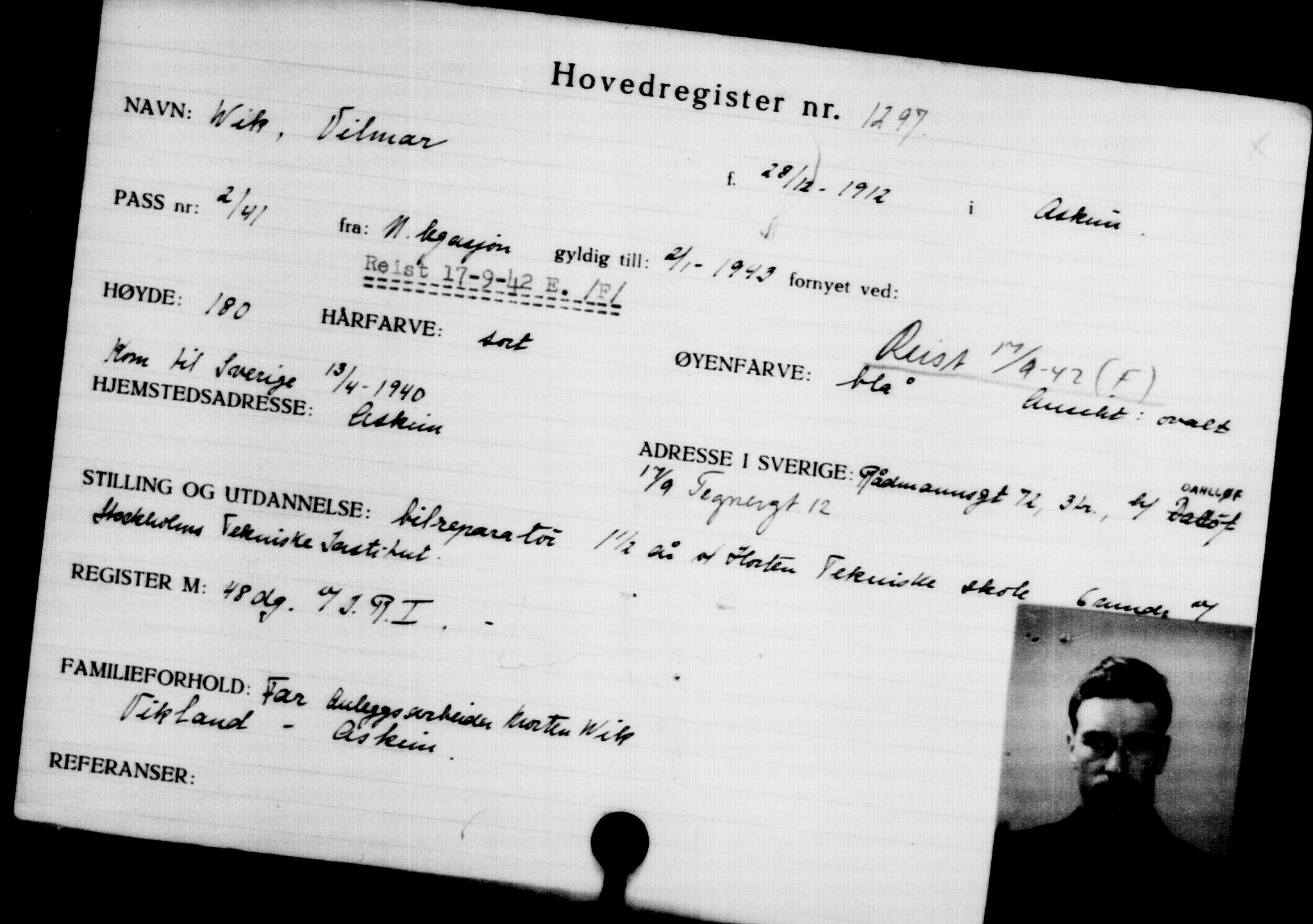 Utenriksstasjonene, Legasjonen i Stockholm, Flyktningkontoret, AV/RA-S-6753/V/Va/L0002: Kjesäterkartoteket, flyktninger med registreringsnr. 1001-2000, 1940-1945, s. 426