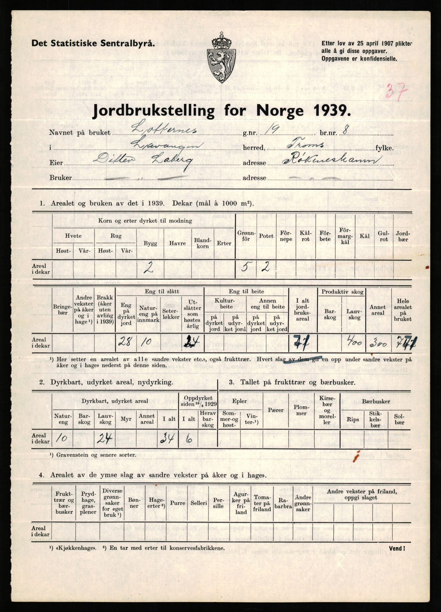 Statistisk sentralbyrå, Næringsøkonomiske emner, Jordbruk, skogbruk, jakt, fiske og fangst, AV/RA-S-2234/G/Gb/L0339: Troms: Andørja, Astafjord og Lavangen, 1939, s. 1286