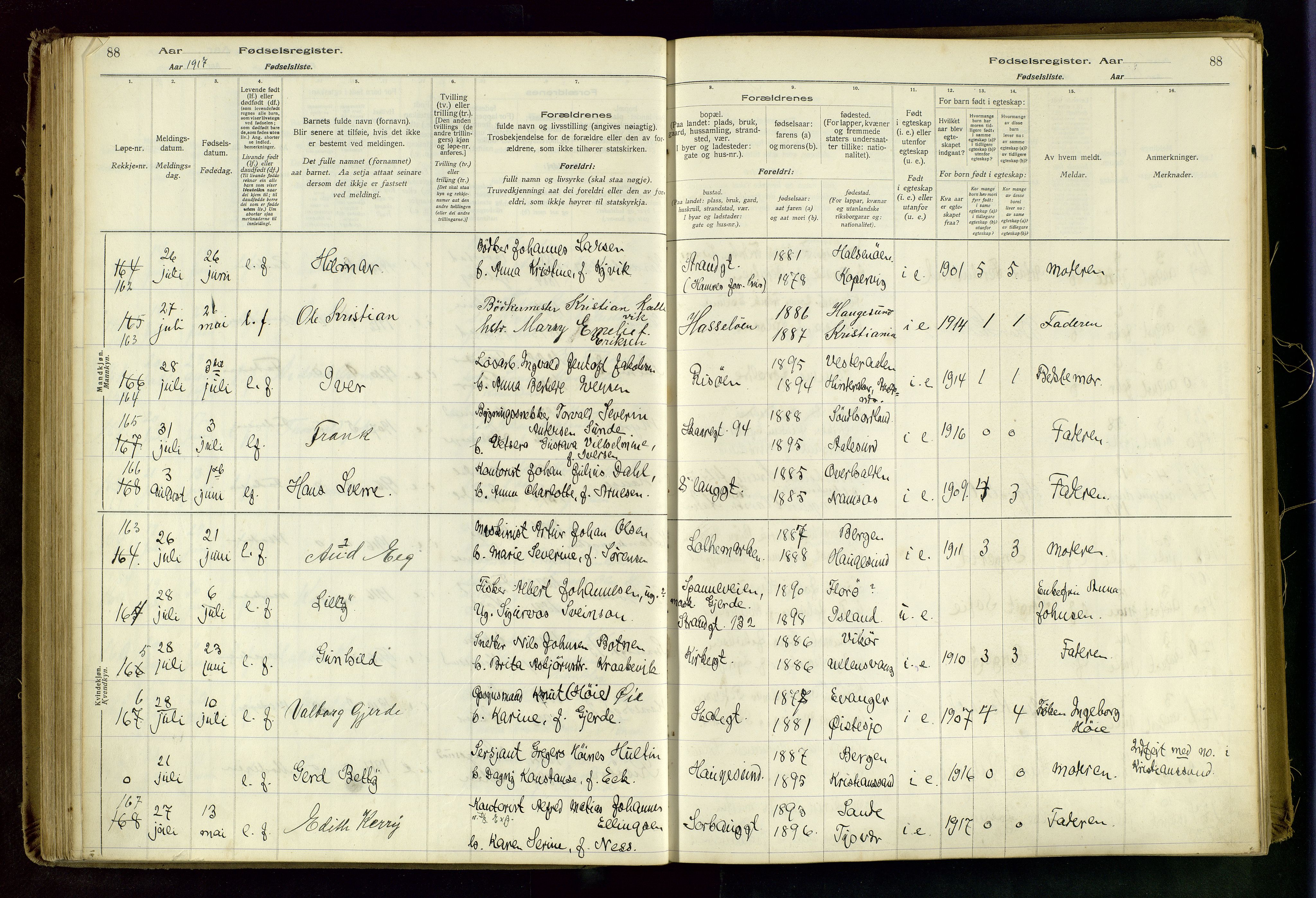 Haugesund sokneprestkontor, AV/SAST-A -101863/I/Id/L0003: Fødselsregister nr. 1, 1916-1919, s. 88