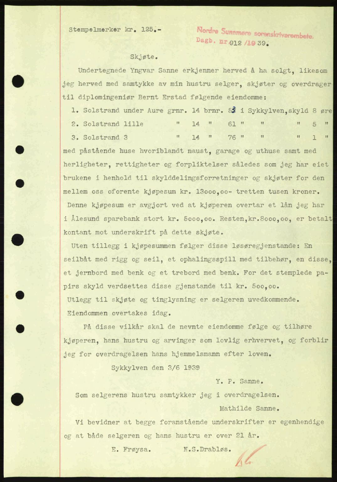 Nordre Sunnmøre sorenskriveri, SAT/A-0006/1/2/2C/2Ca: Pantebok nr. A7, 1939-1939, Dagboknr: 912/1939