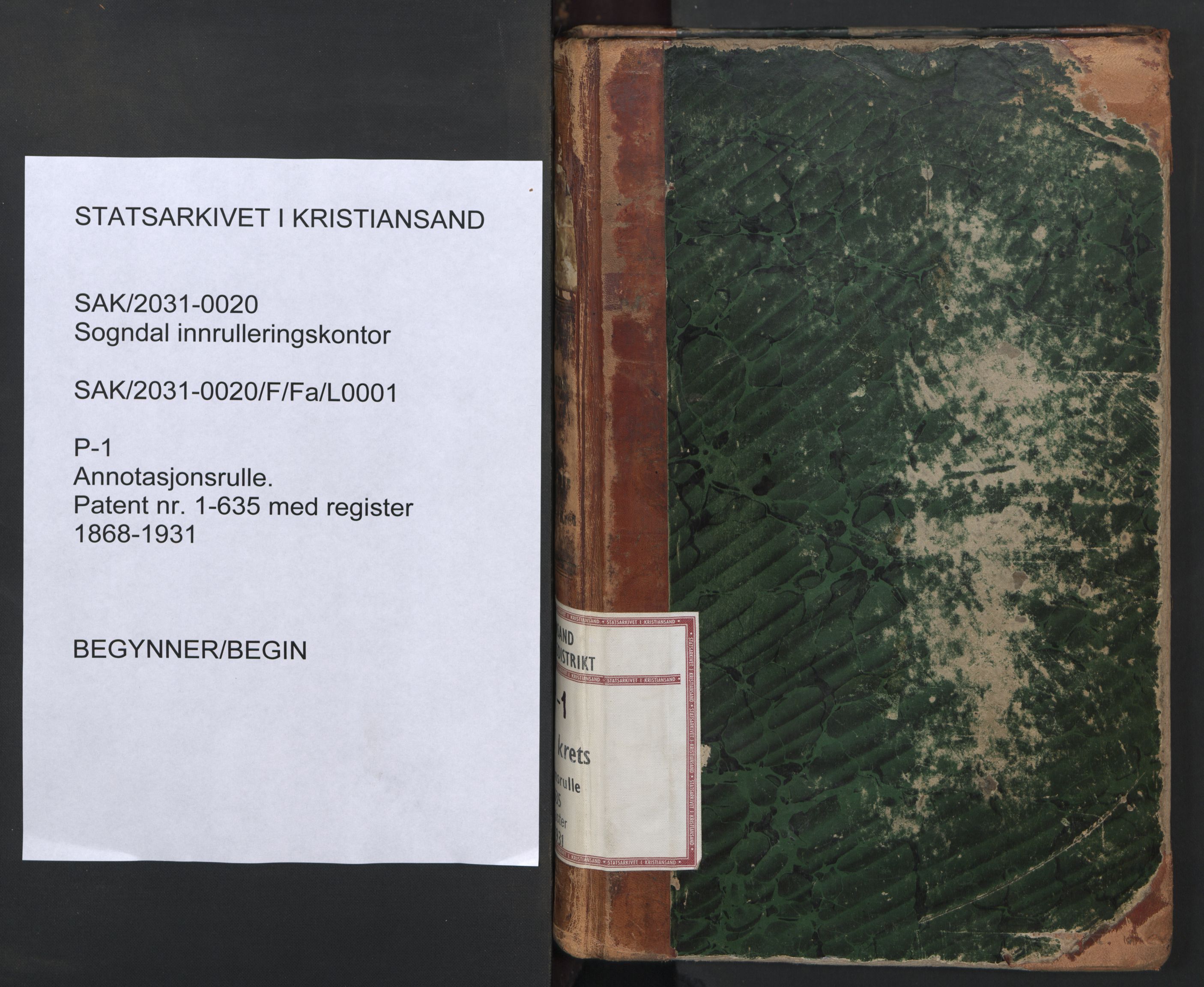 Sogndal mønstringskrets, SAK/2031-0020/F/Fa/L0001: Annotasjonsrulle nr 1-635 med register, P-1, 1868-1931, s. 1