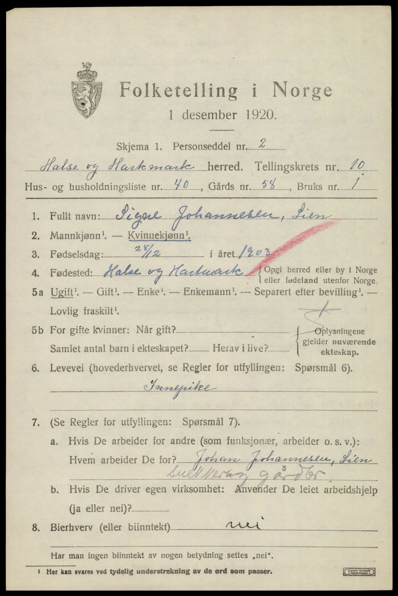 SAK, Folketelling 1920 for 1019 Halse og Harkmark herred, 1920, s. 5969