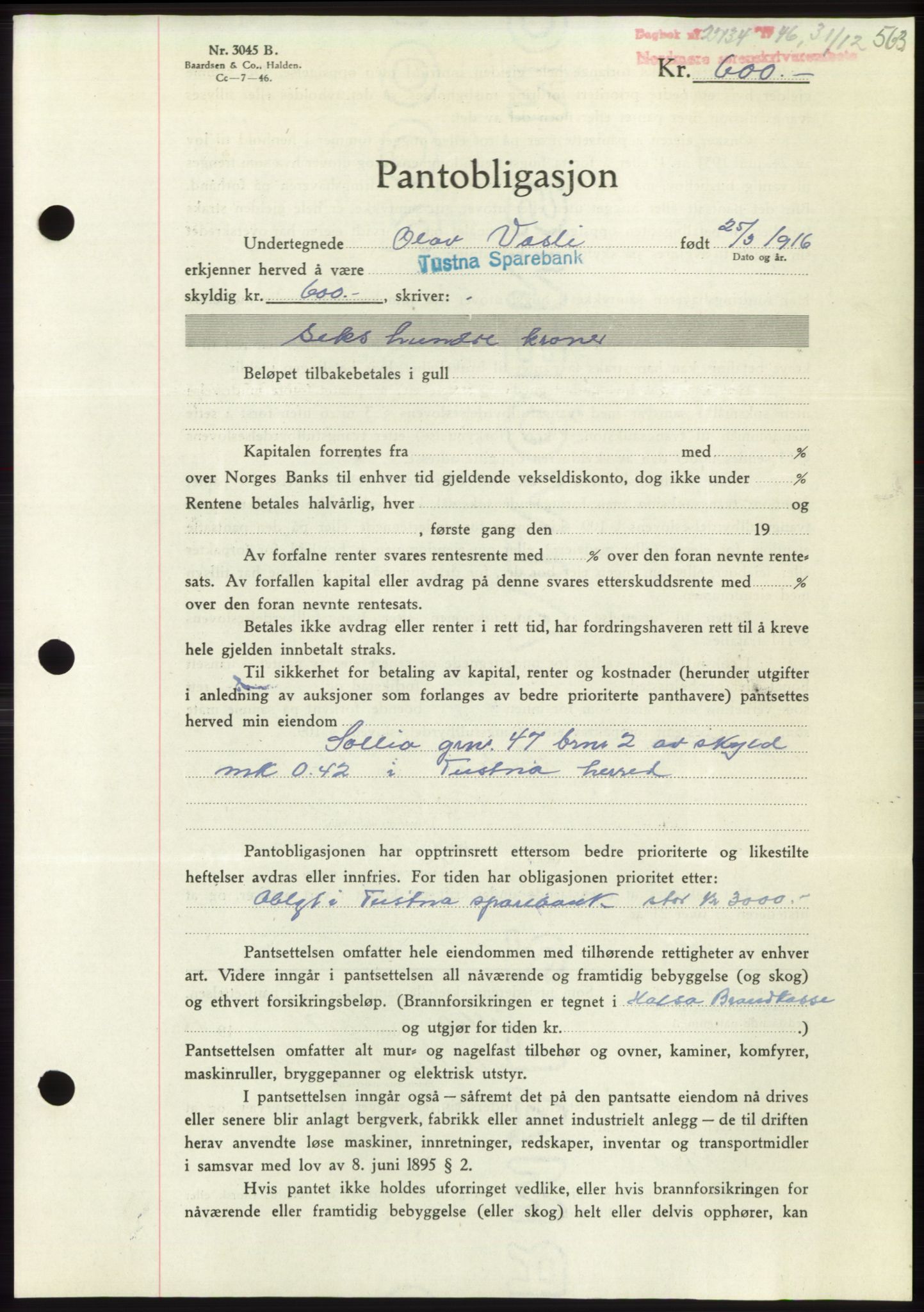 Nordmøre sorenskriveri, SAT/A-4132/1/2/2Ca: Pantebok nr. B95, 1946-1947, Dagboknr: 2734/1946