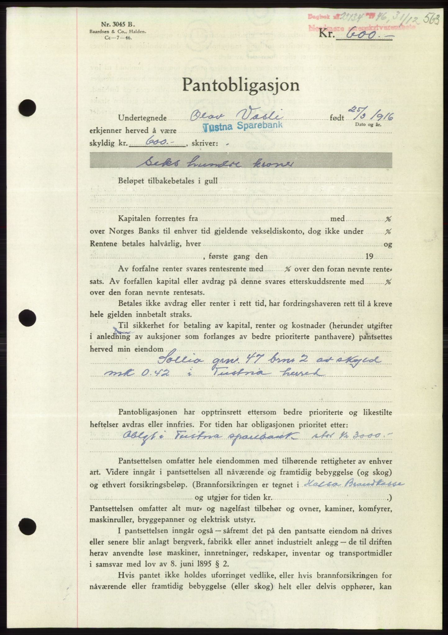 Nordmøre sorenskriveri, AV/SAT-A-4132/1/2/2Ca: Pantebok nr. B95, 1946-1947, Dagboknr: 2734/1946