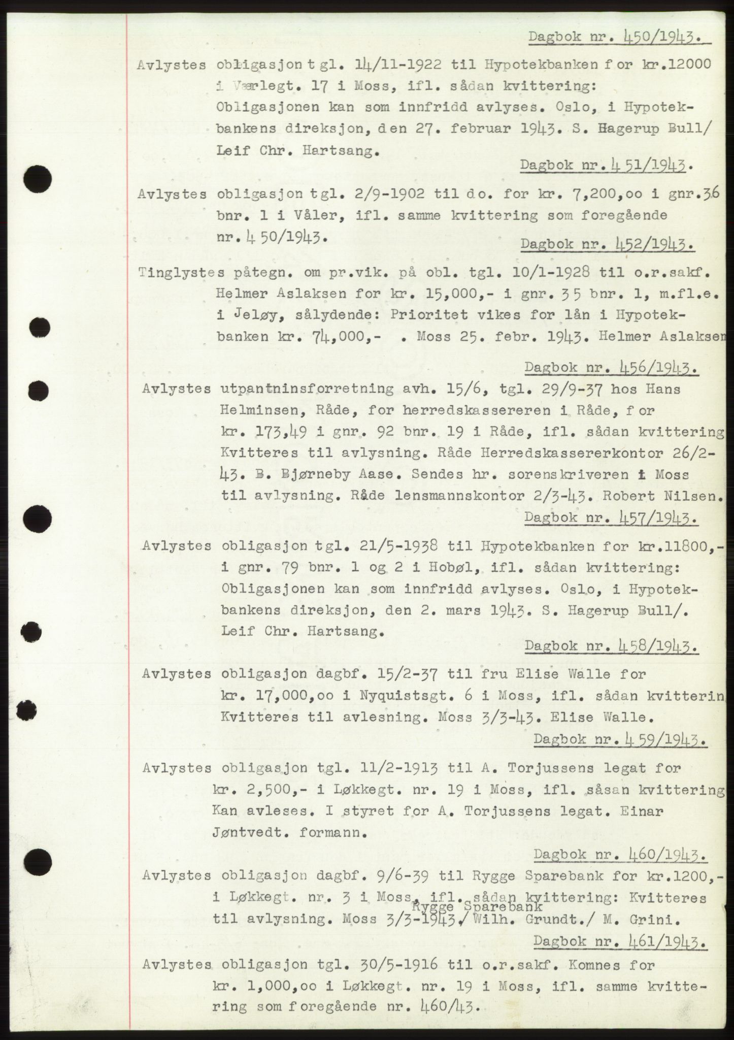 Moss sorenskriveri, SAO/A-10168: Pantebok nr. C10, 1938-1950, Dagboknr: 450/1943