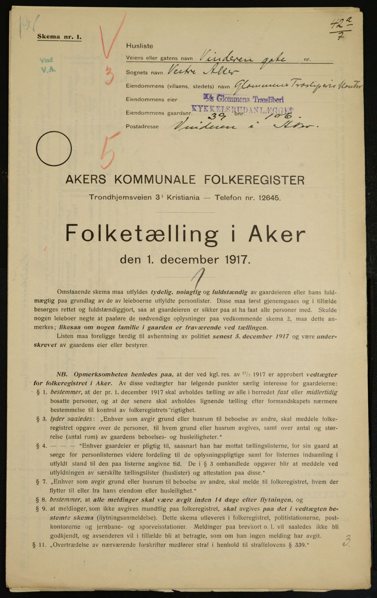 OBA, Kommunal folketelling 1.12.1917 for Aker, 1917, s. 9606