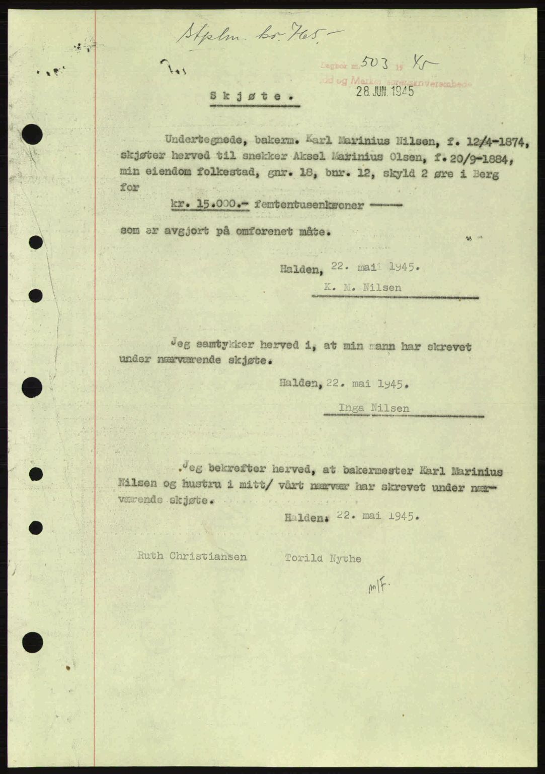 Idd og Marker sorenskriveri, AV/SAO-A-10283/G/Gb/Gbb/L0007: Pantebok nr. A7, 1944-1945, Dagboknr: 503/1945