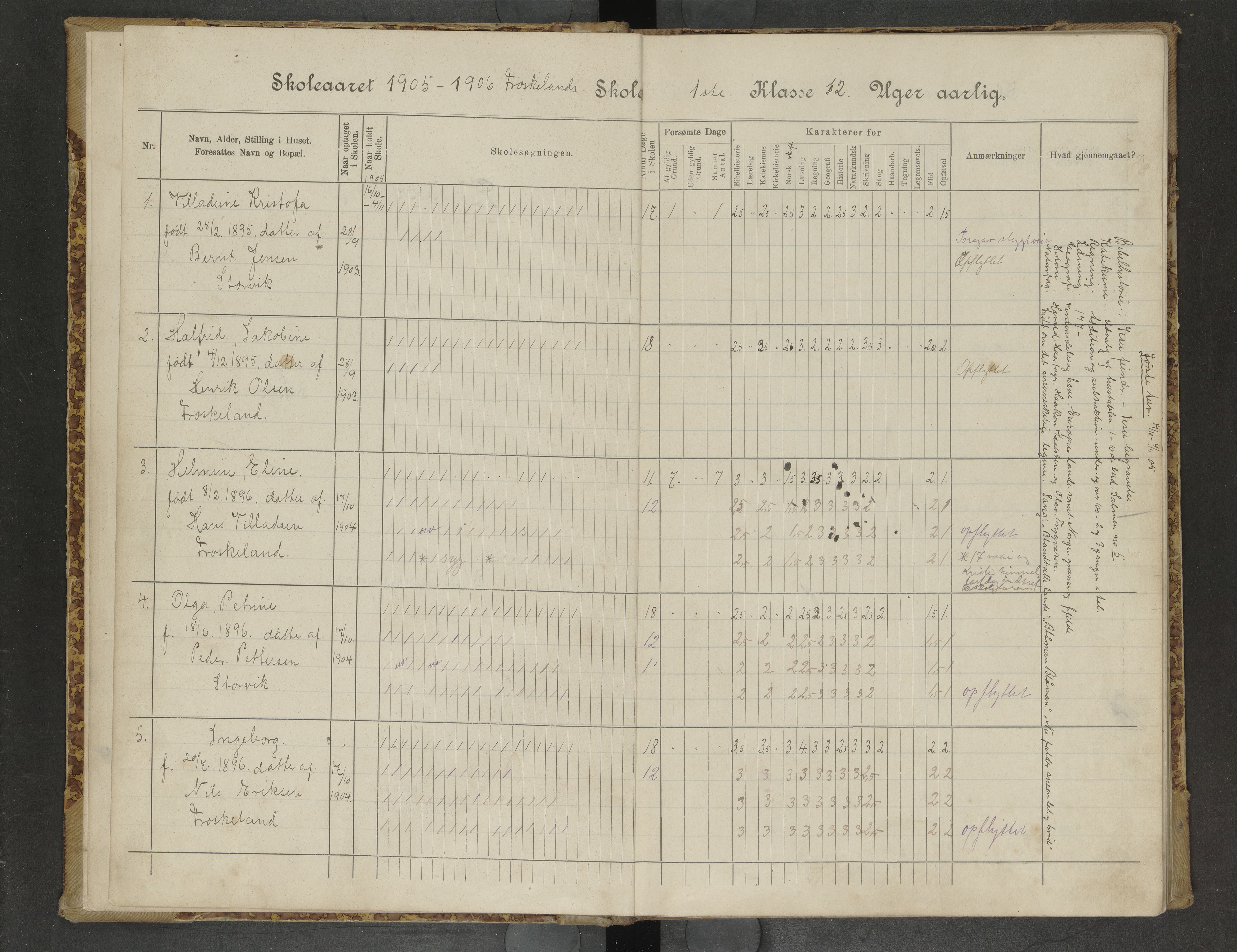 Hadsel kommune. Frøskeland skolekrets, AIN/K-18660.510.40/G/L0001: Skoleprotokoll for Frøskeland småskole, 1905-1920