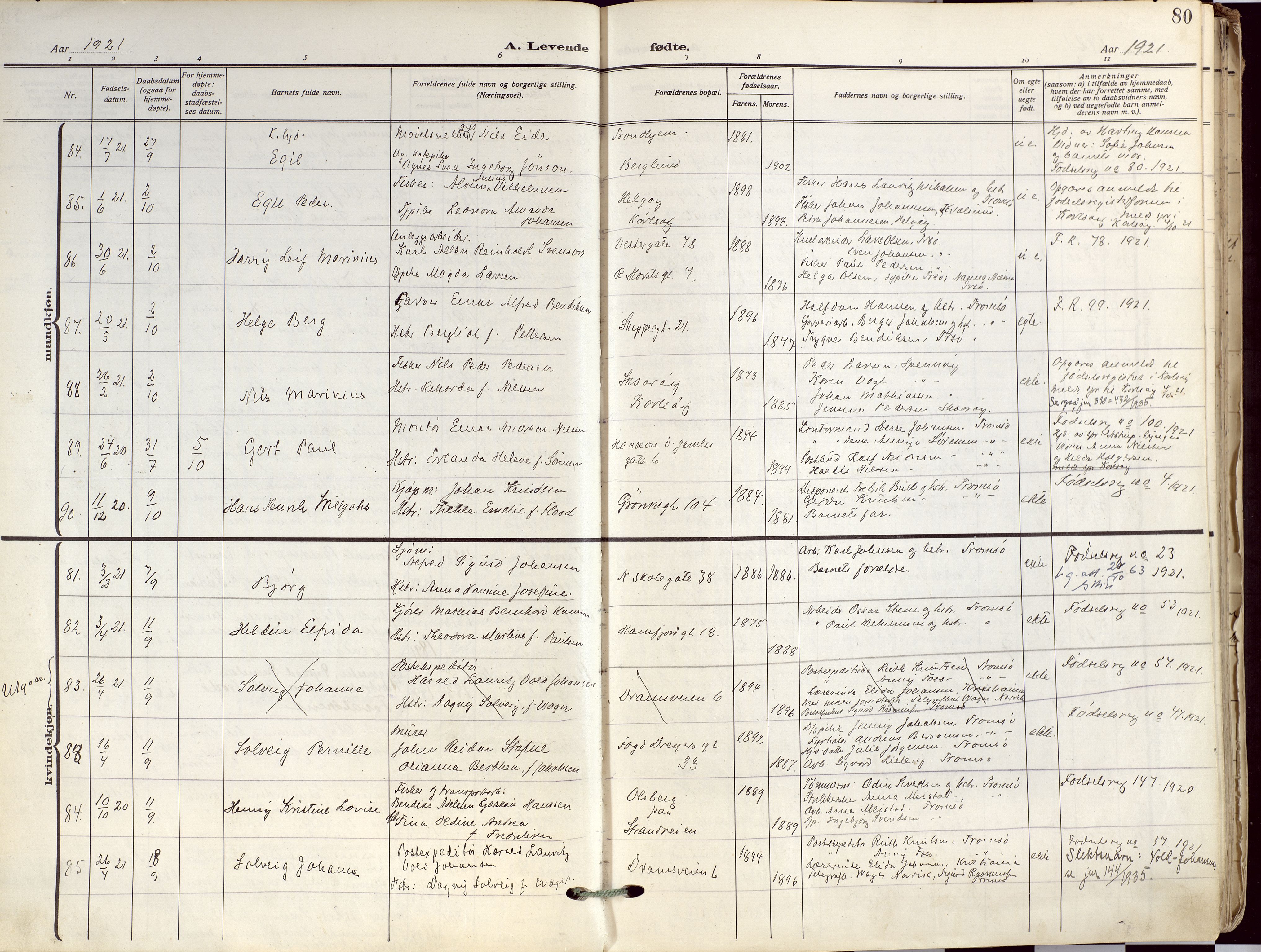 Tromsø sokneprestkontor/stiftsprosti/domprosti, AV/SATØ-S-1343/G/Ga/L0019kirke: Ministerialbok nr. 19, 1917-1927, s. 80