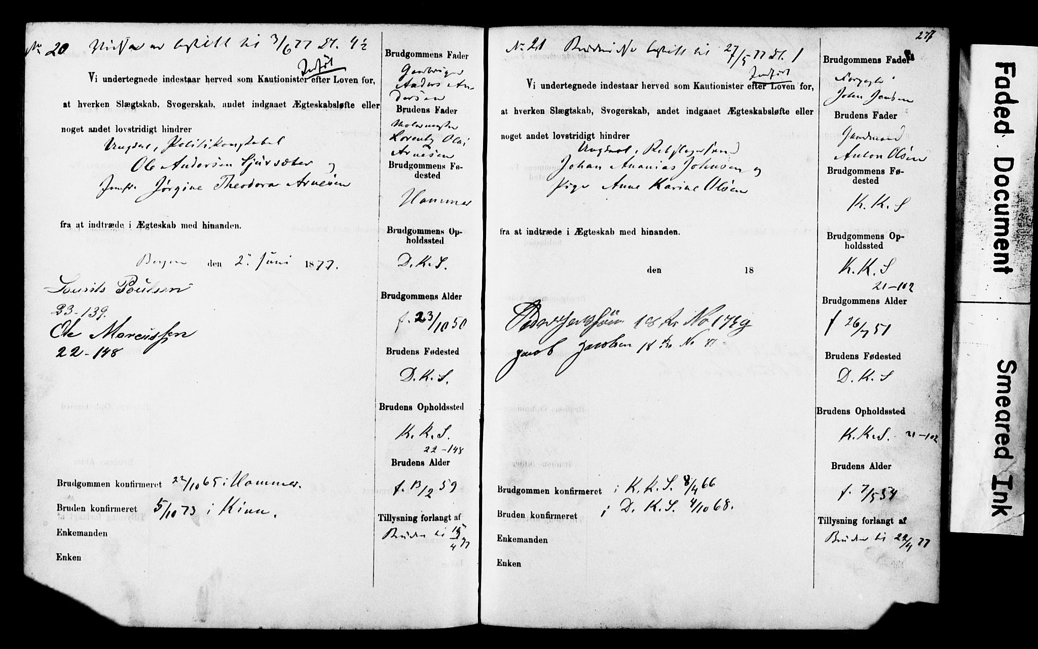 Korskirken sokneprestembete, SAB/A-76101: Forlovererklæringer nr. II.5.4, 1871-1878, s. 277