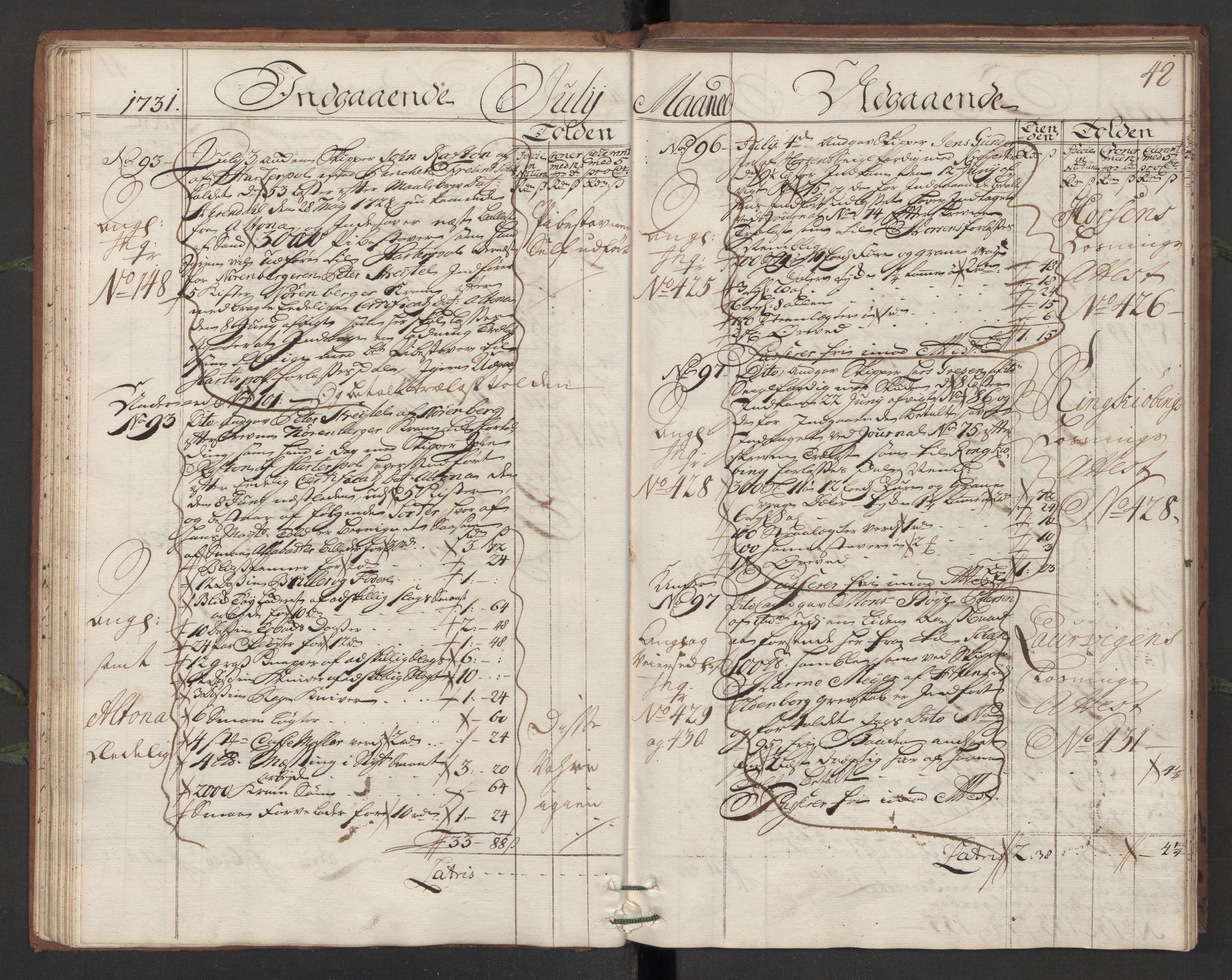 Generaltollkammeret, tollregnskaper, RA/EA-5490/R13/L0006/0001: Tollregnskaper Kragerø / Hovedtollbok, 1731, s. 41b-42a