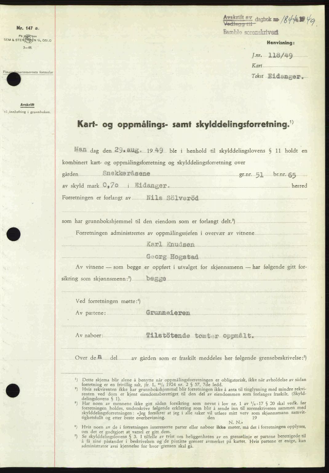 Bamble sorenskriveri, SAKO/A-214/G/Ga/Gag/L0015: Pantebok nr. A-15, 1949-1949, Dagboknr: 1844/1949