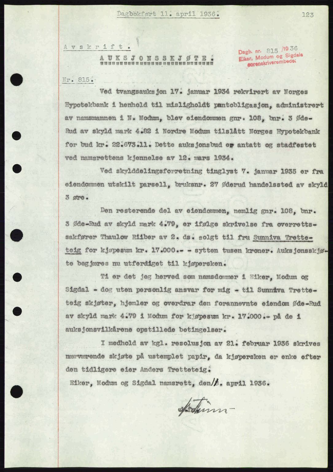Eiker, Modum og Sigdal sorenskriveri, SAKO/A-123/G/Ga/Gab/L0032: Pantebok nr. A2, 1936-1936, Dagboknr: 815/1936