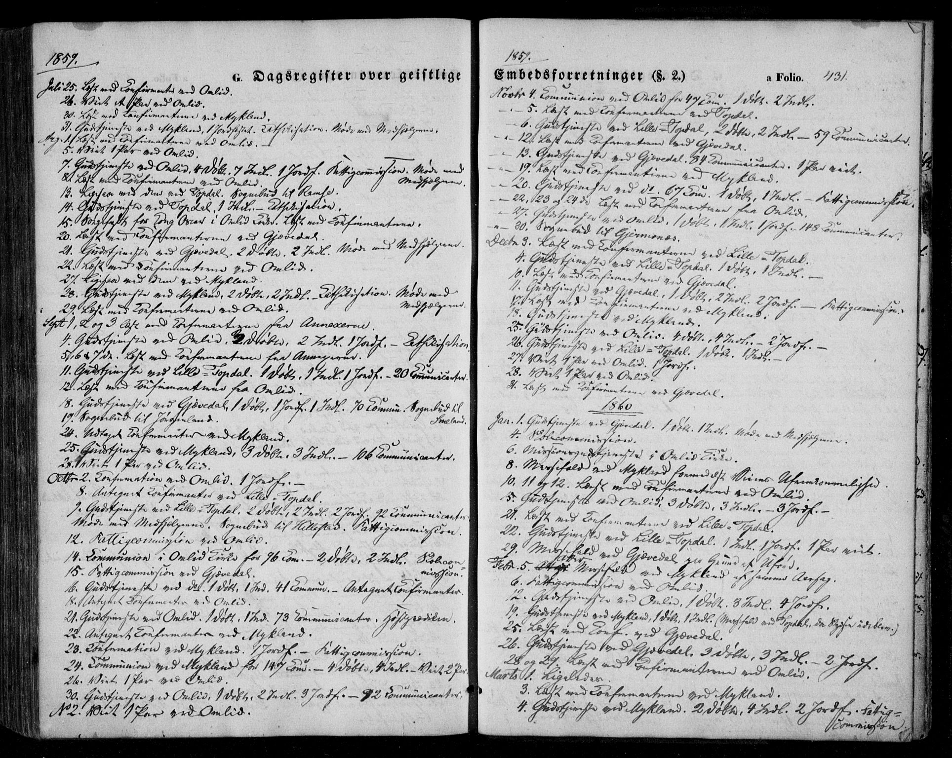 Åmli sokneprestkontor, AV/SAK-1111-0050/F/Fa/Fac/L0008: Ministerialbok nr. A 8, 1852-1869, s. 431